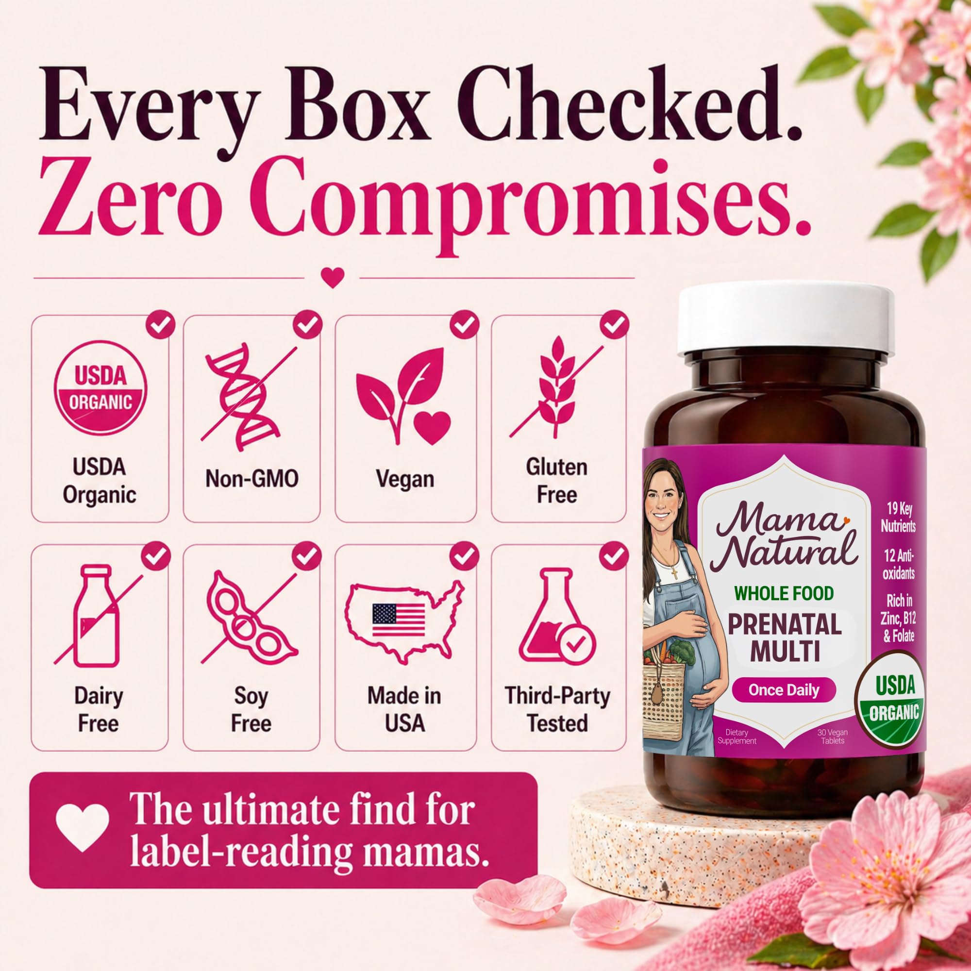 Mama Natural Prenatal Multivitamin packaging on a kitchen countertop