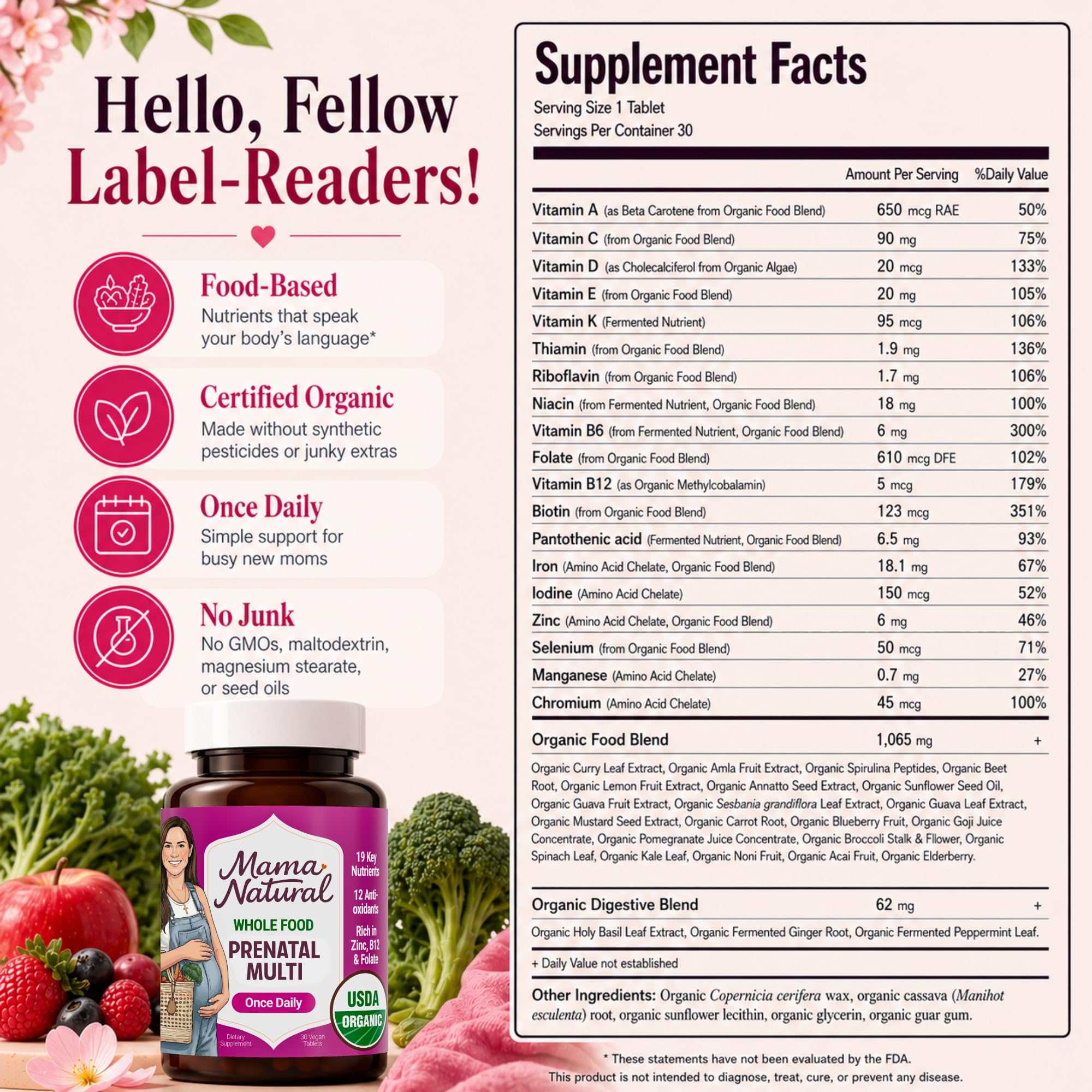Mama Natural Prenatal Multivitamin with organic ingredients displayed