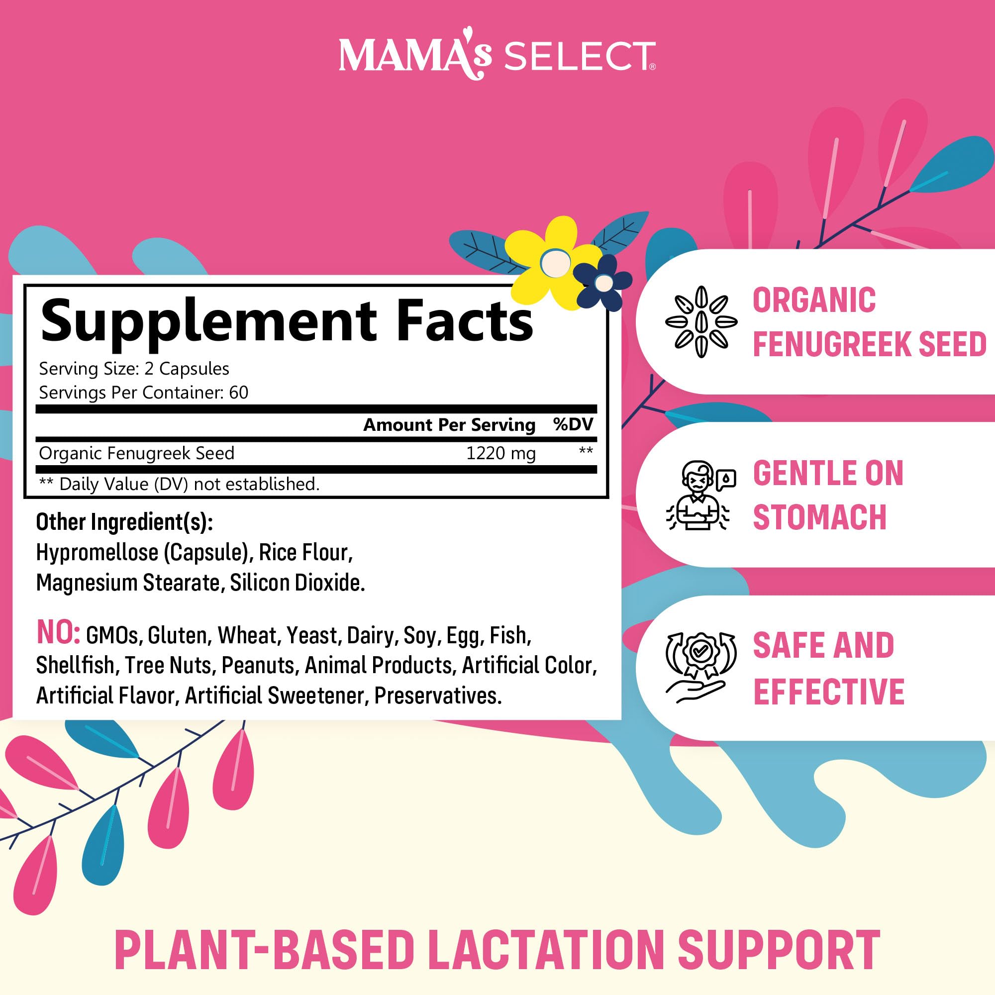 Mama's Select Fenugreek Capsules side view with dosage details