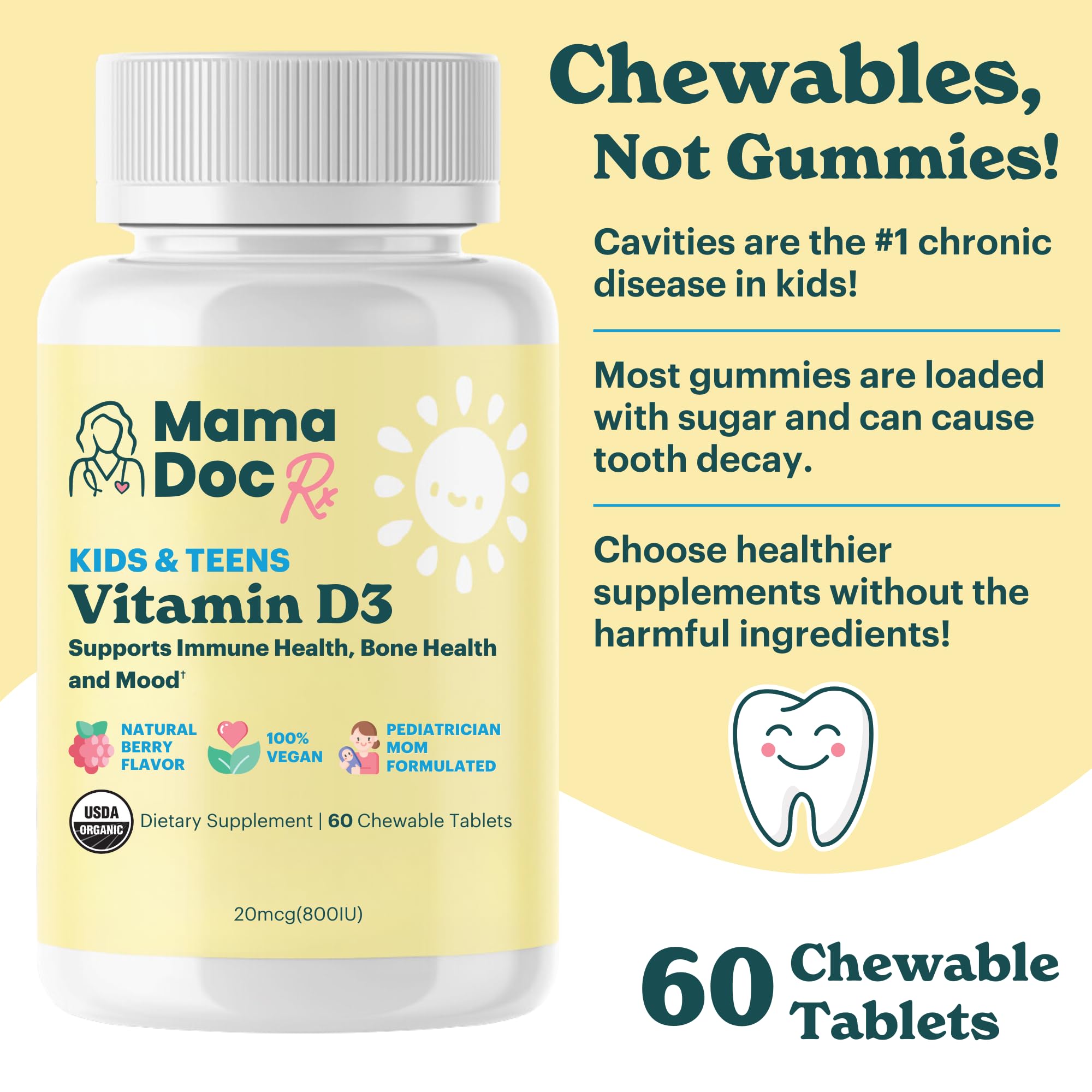 MamaDoc Rx Vitamin D3 Chewables displayed with other supplements