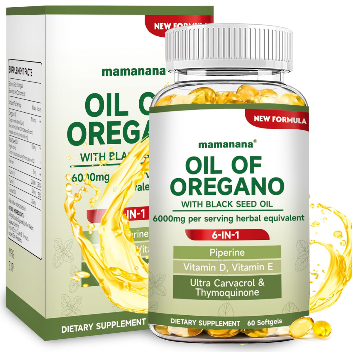 mamanana Oregano Oil Softgels 6-in-1 Herbal Formula front view