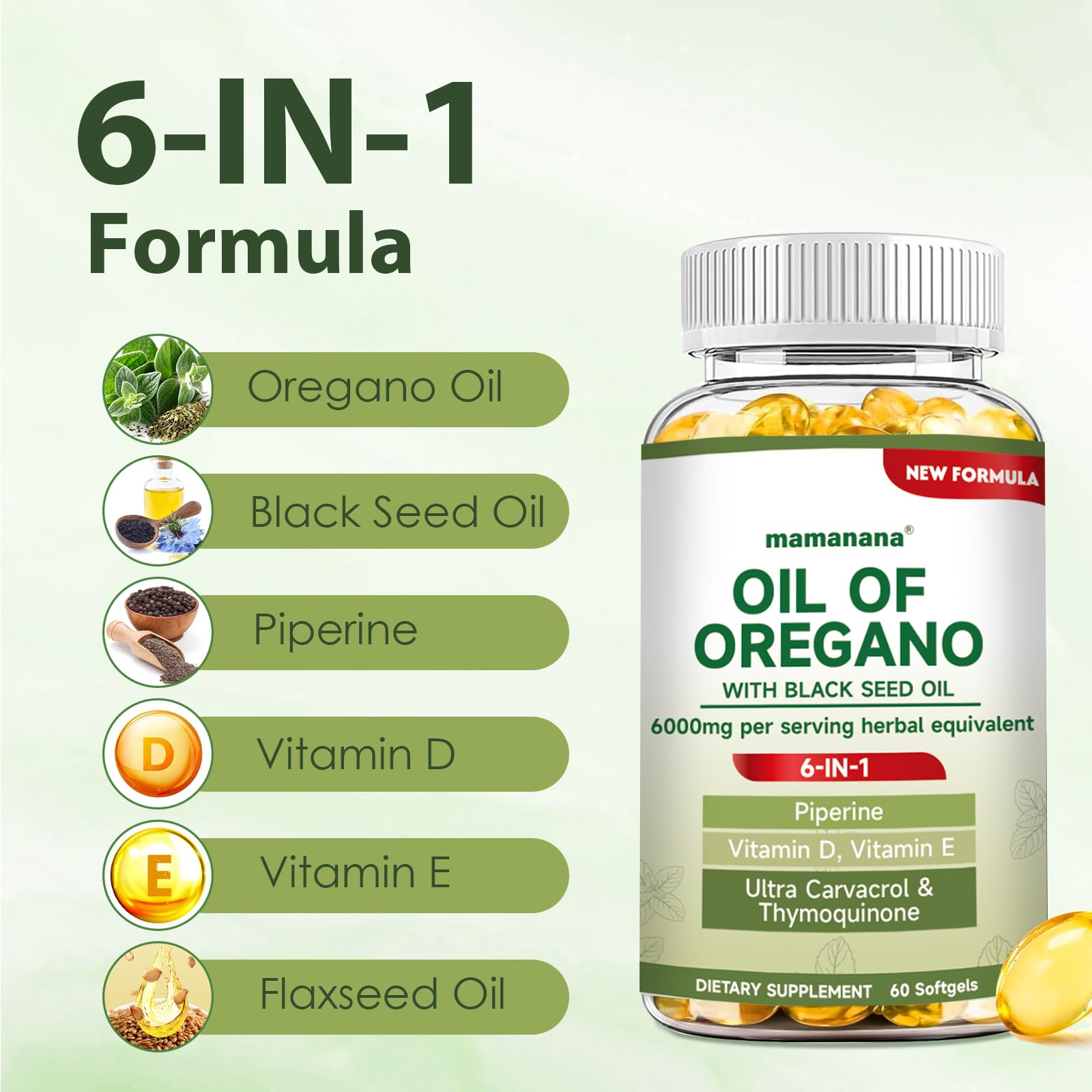 mamanana Oregano Oil Softgels 6-in-1 Herbal Formula packaging