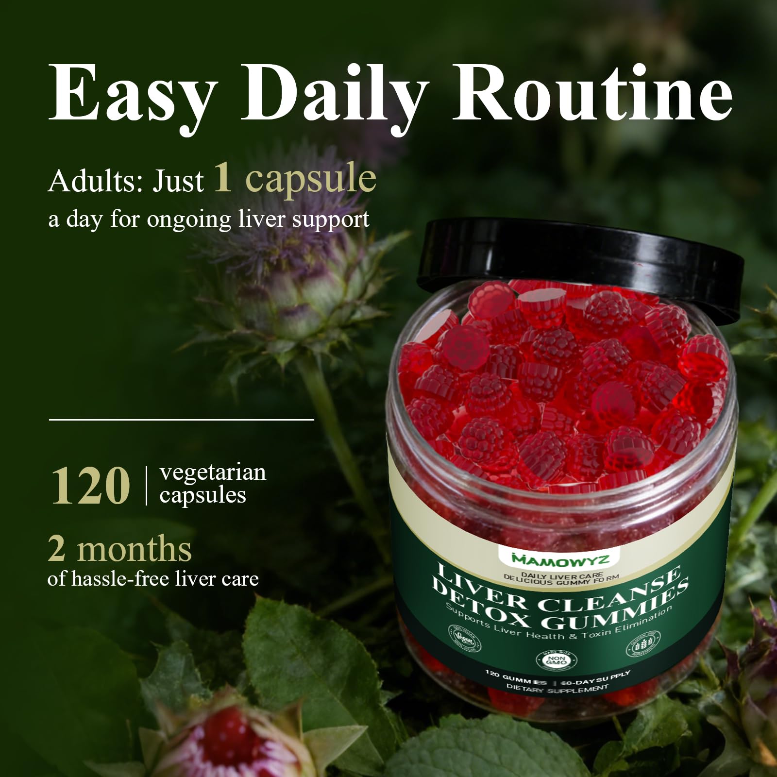 MAMOWYZ Milk Thistle Gummies lifestyle scene on a kitchen counter