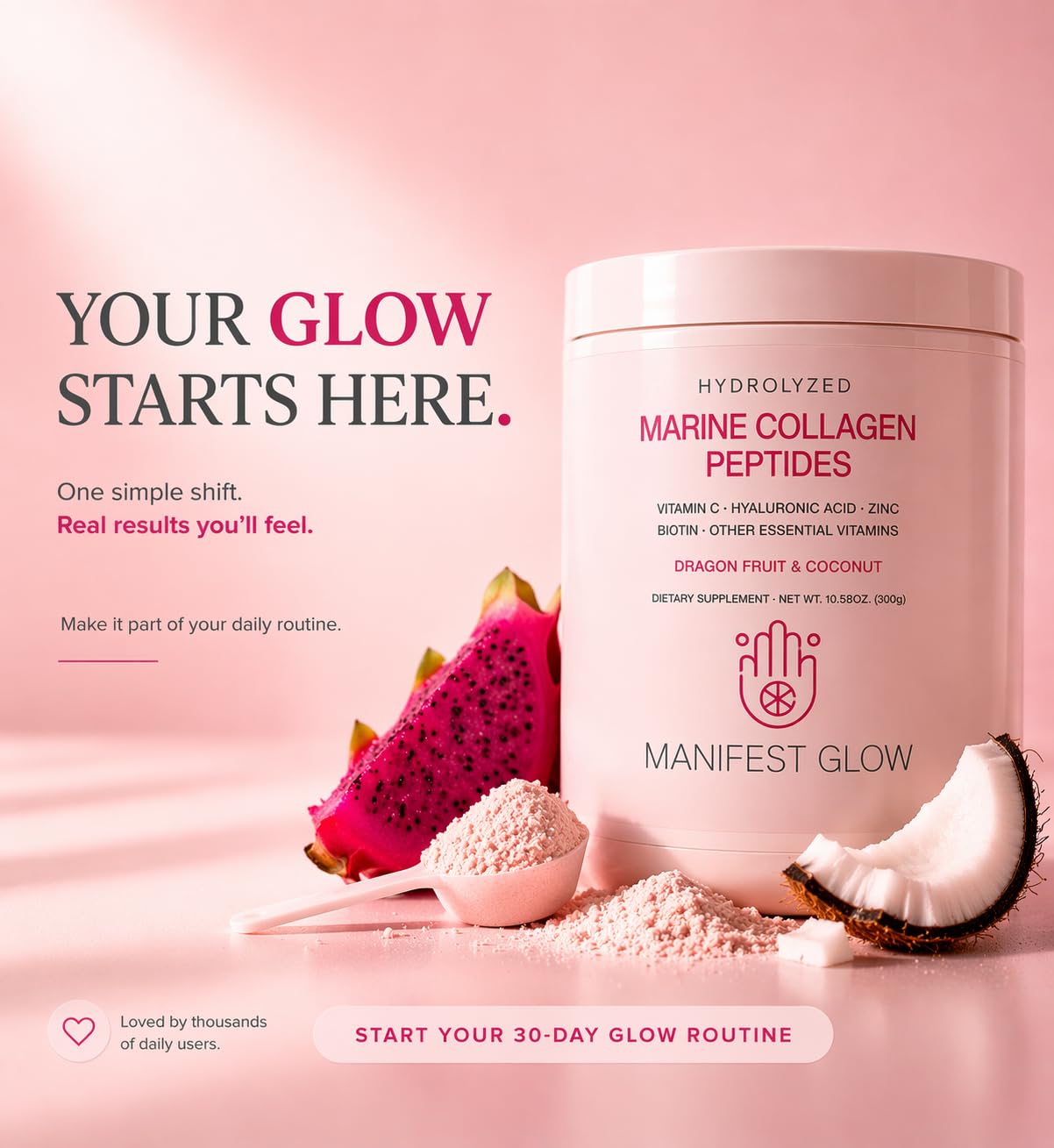 Manifest Glow Tropical Collagen Powder lifestyle scene with smoothie
