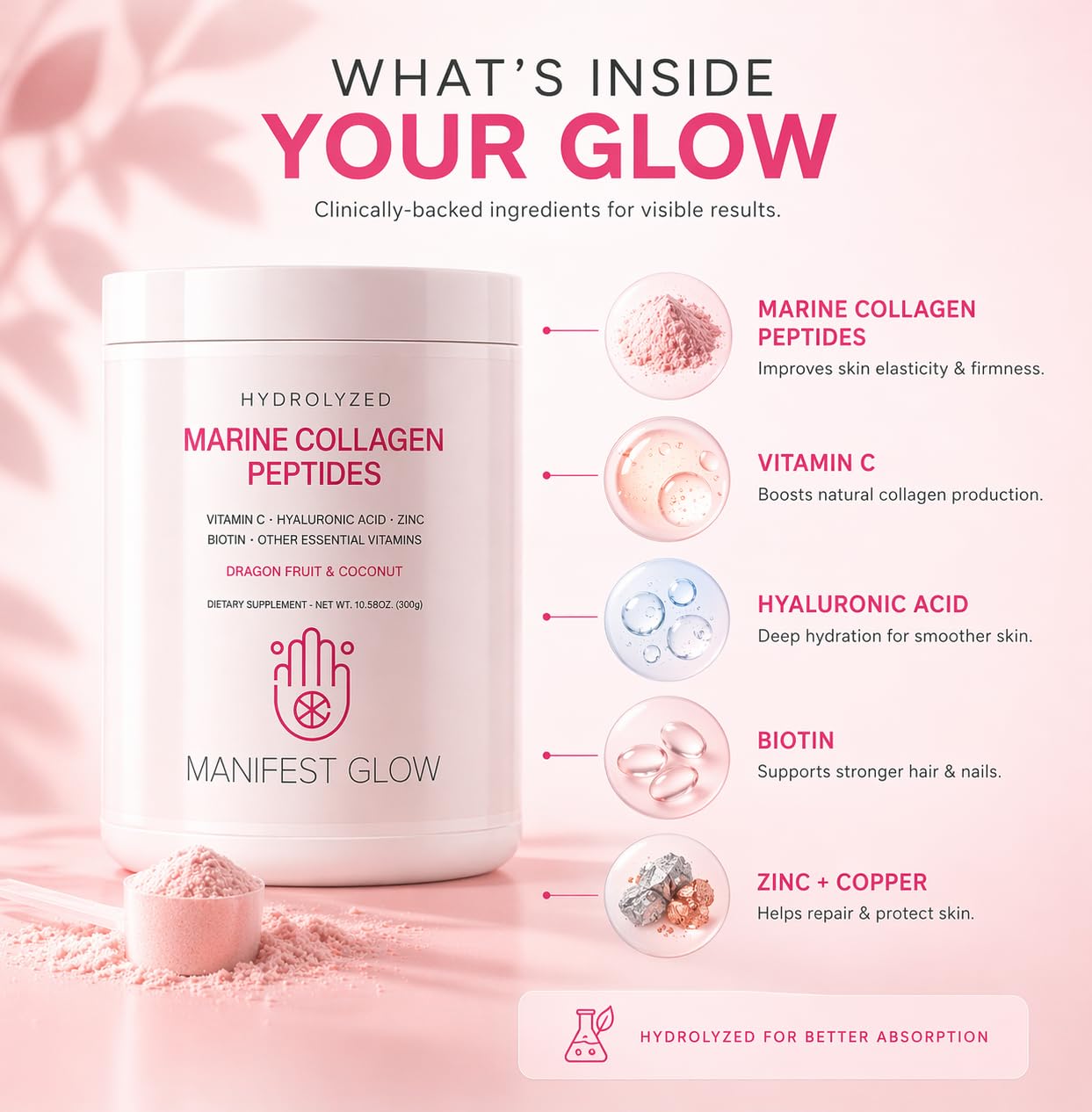 Manifest Glow Tropical Collagen Powder with tropical fruits on a wooden table