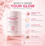 Manifest Glow Tropical Collagen Powder with tropical fruits on a wooden table