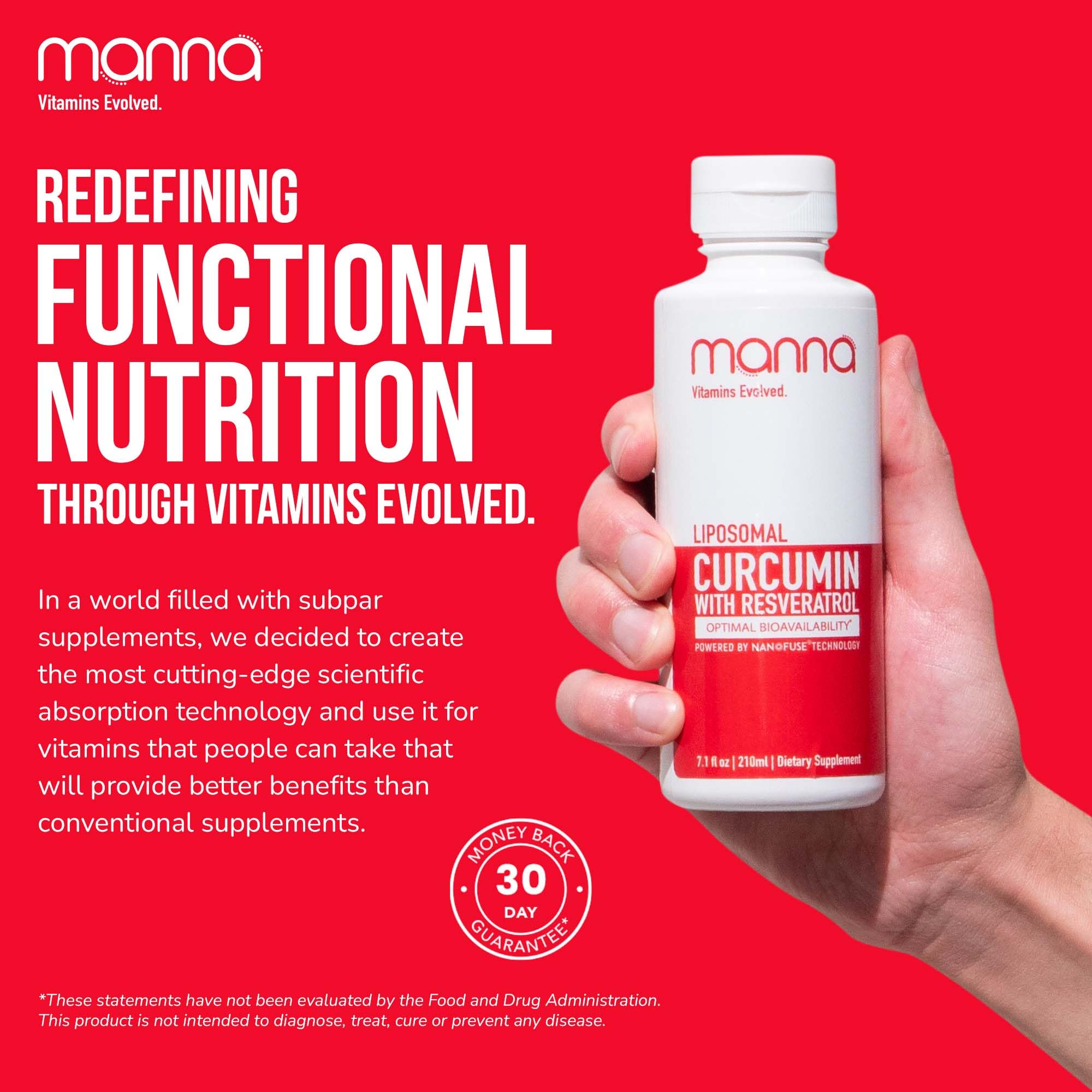 Manna Vitamins Evolved Liposomal Curcumin & Resveratrol on a wooden table