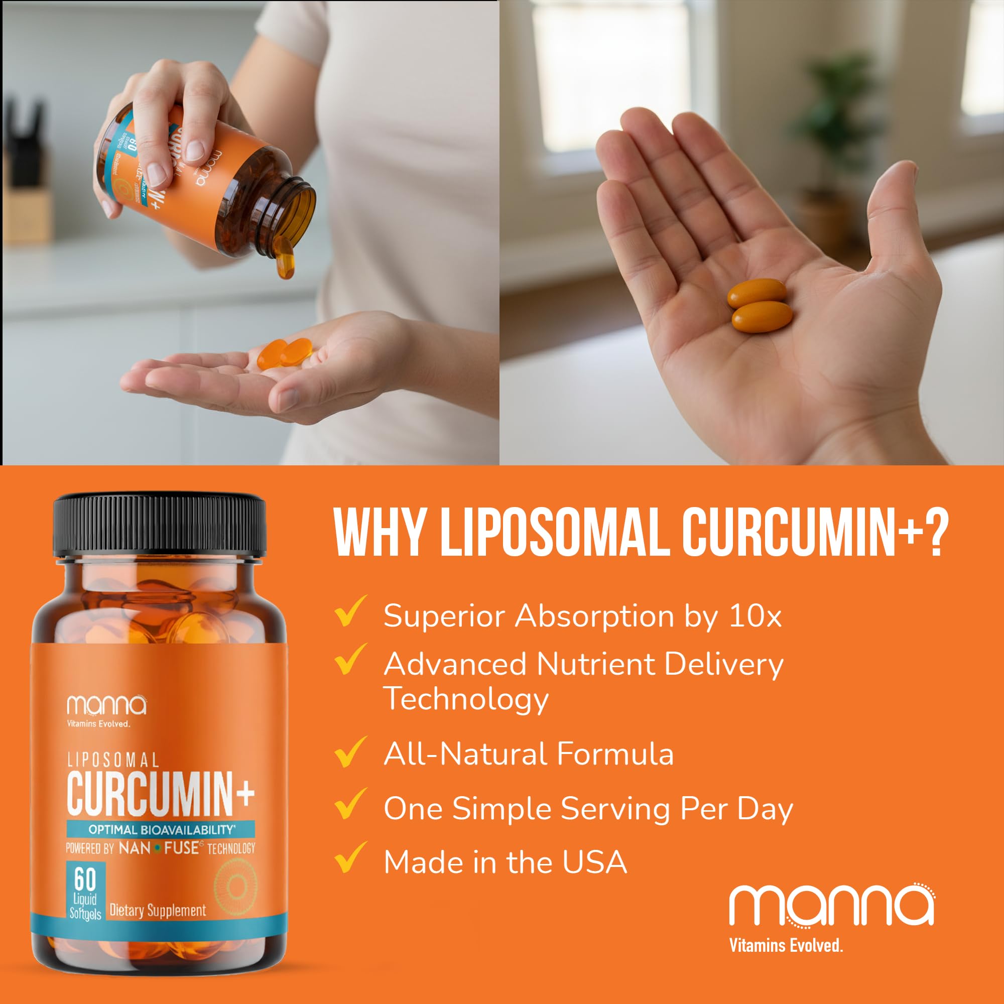 Manna Vitamins Evolved Liposomal Curcumin+ softgels with a measuring spoon