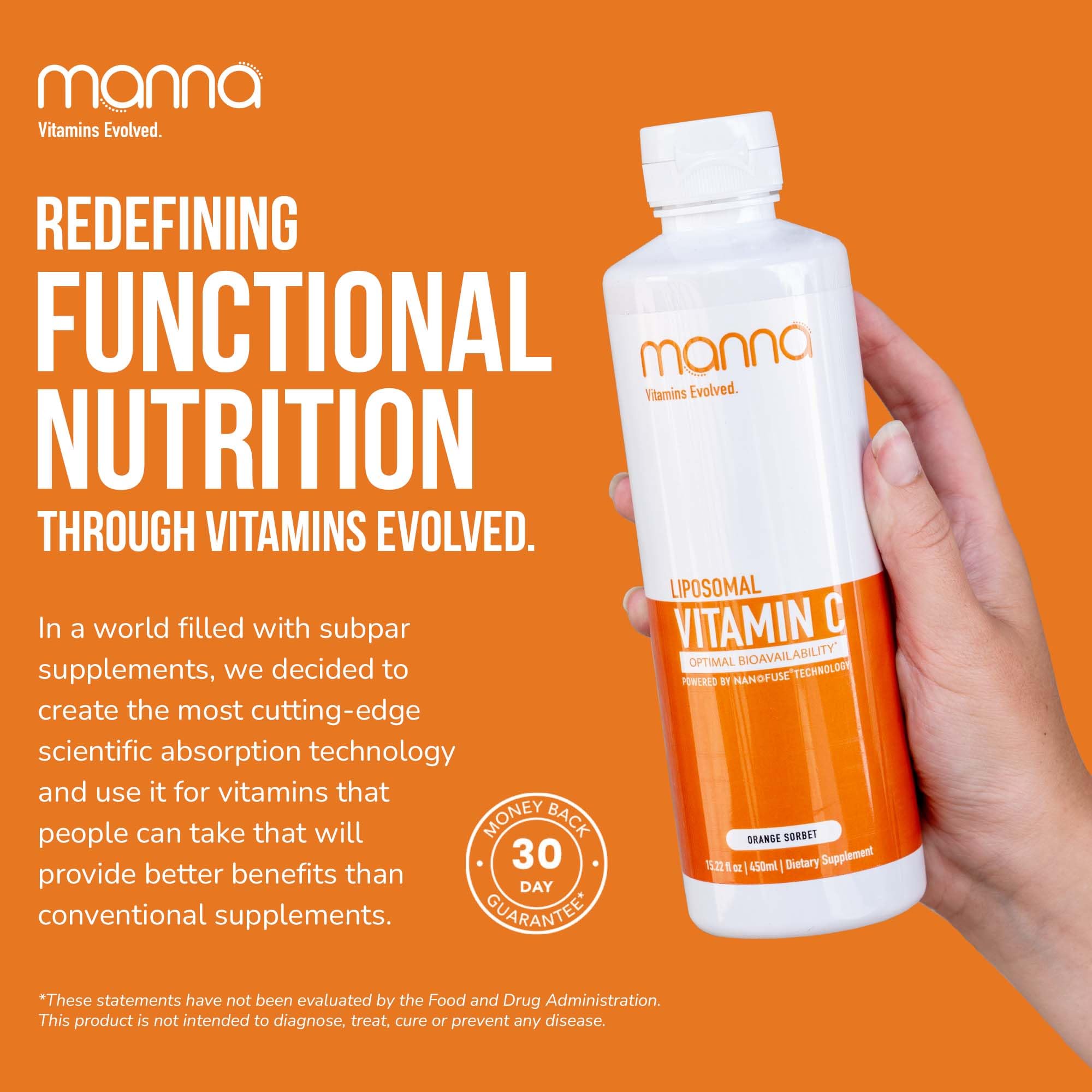 Manna Vitamins Evolved Liposomal Vitamin C 540g with a glass of water