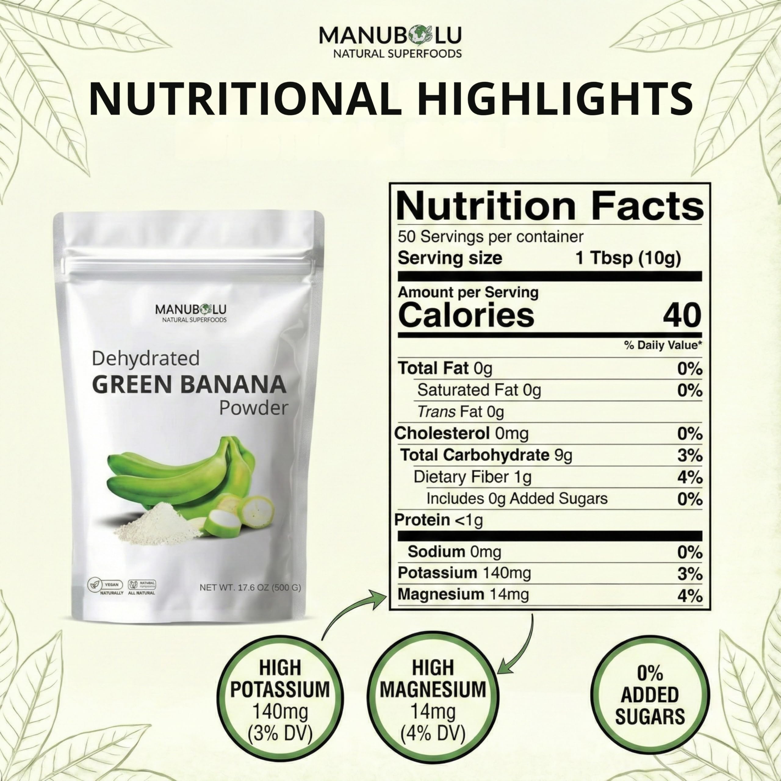 Manubolu Green Banana Powder 500g packaging