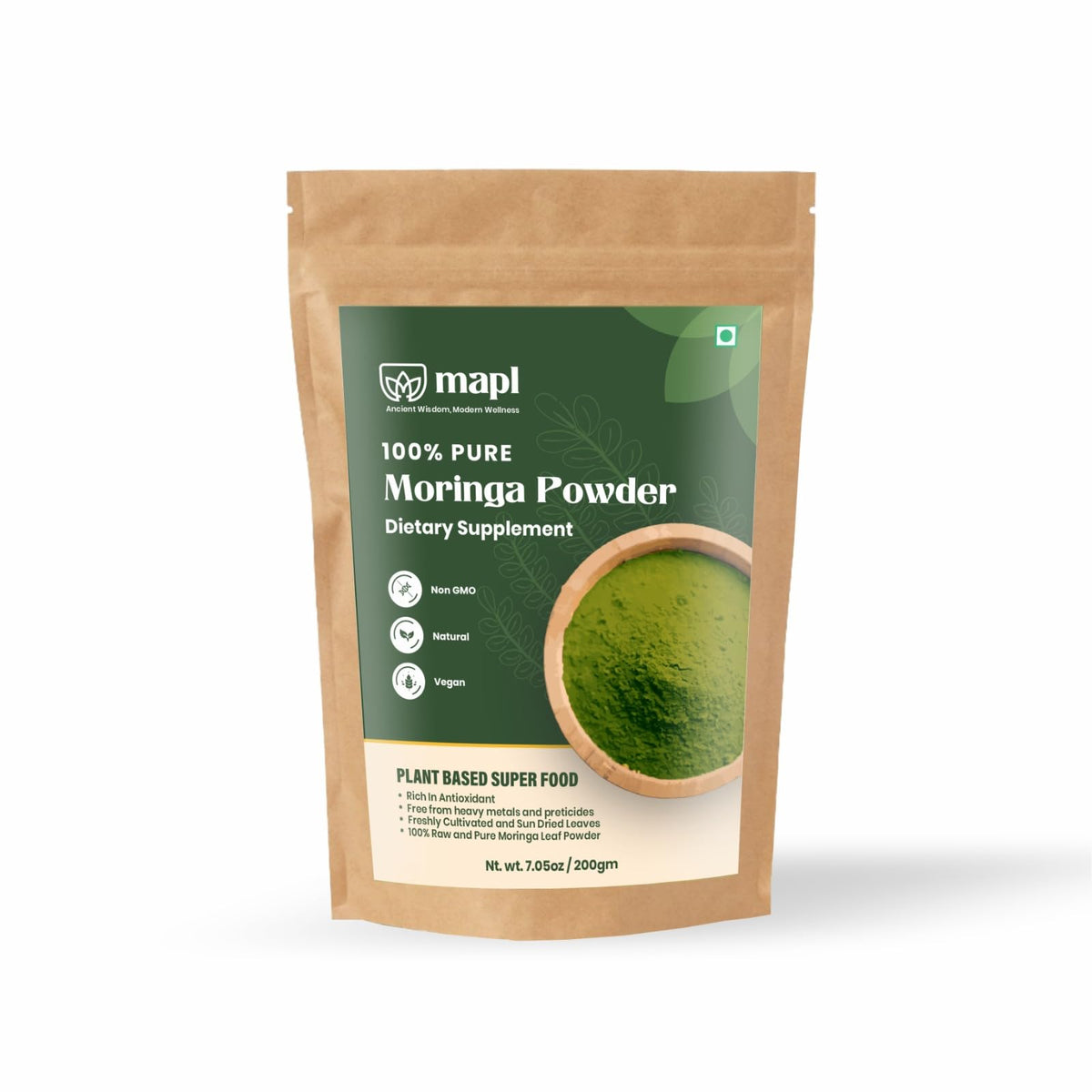 MAPL Organic Moringa Leaf Powder 200g front view