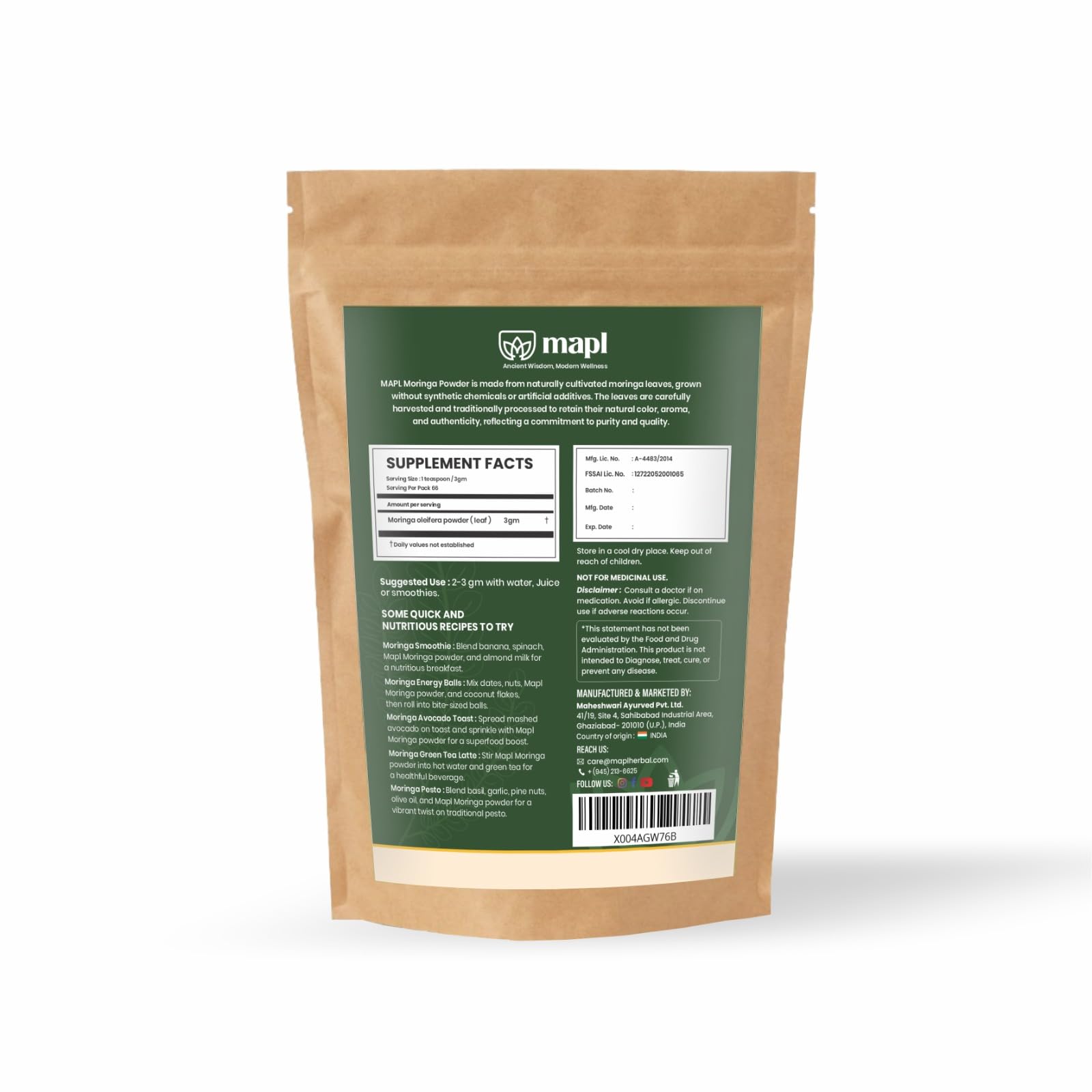 MAPL Organic Moringa Leaf Powder 200g resealable pouch