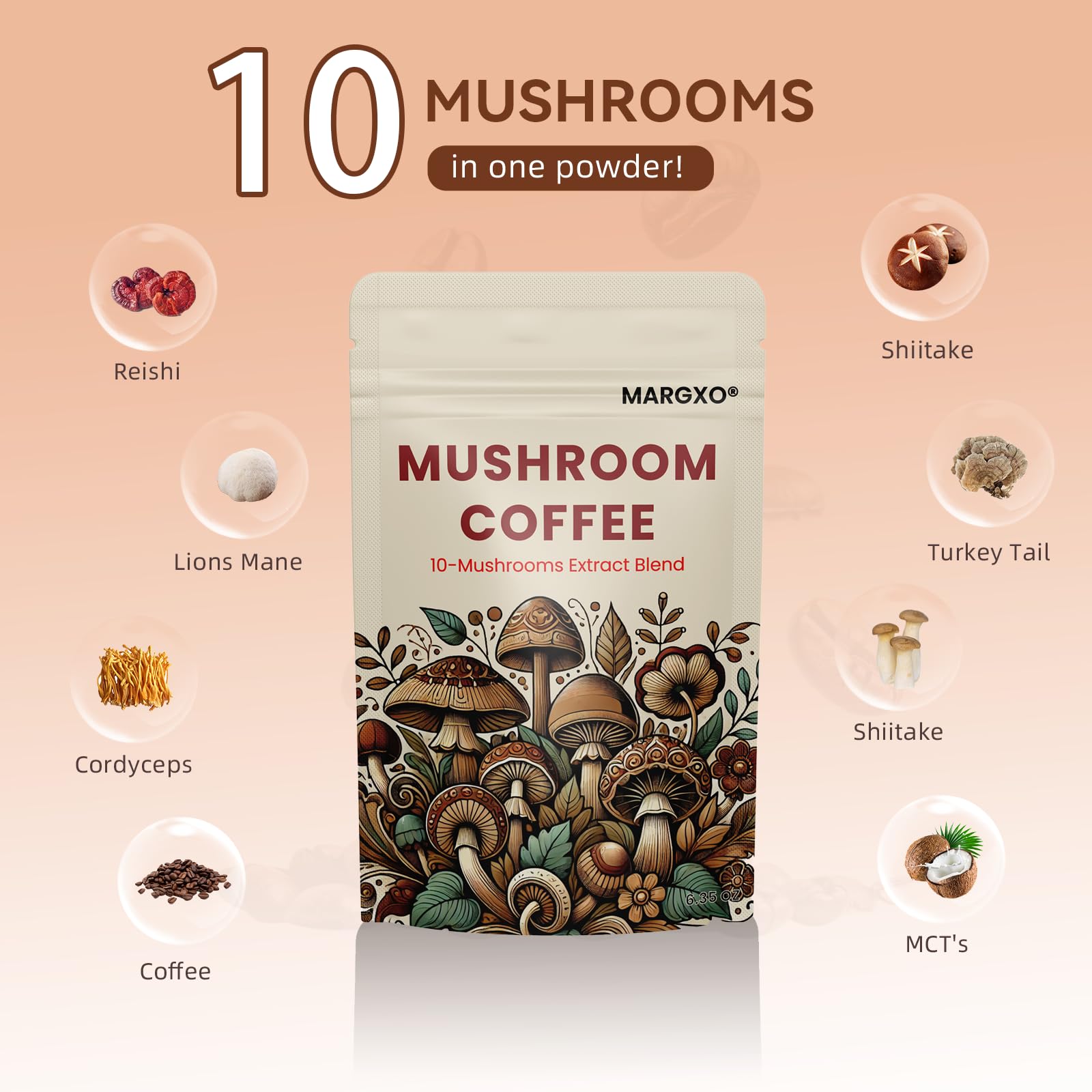 MARGXO Mushroom Coffee Blend powder in a cup