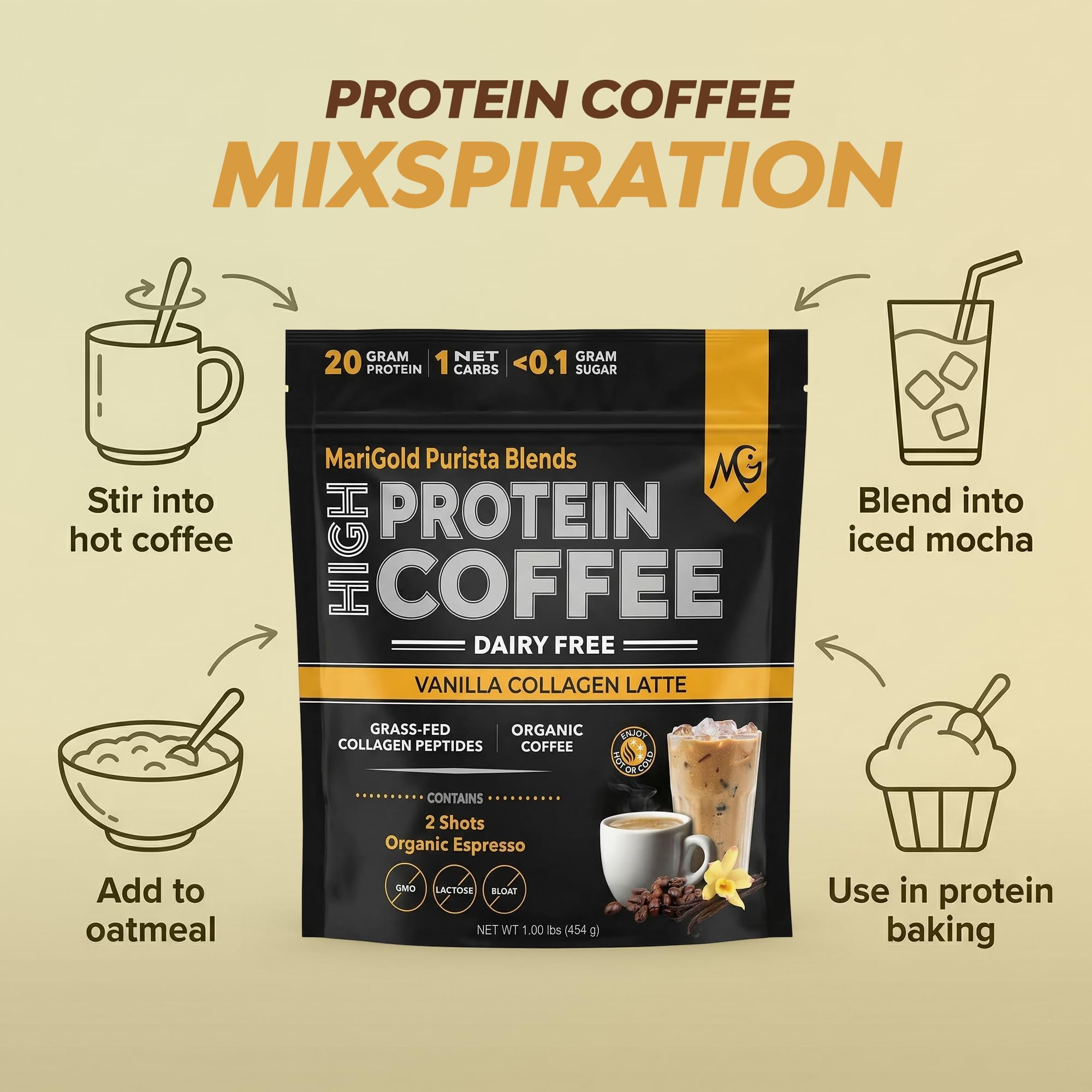 MariGold Collagen Coffee Protein Drink scoop next to the container