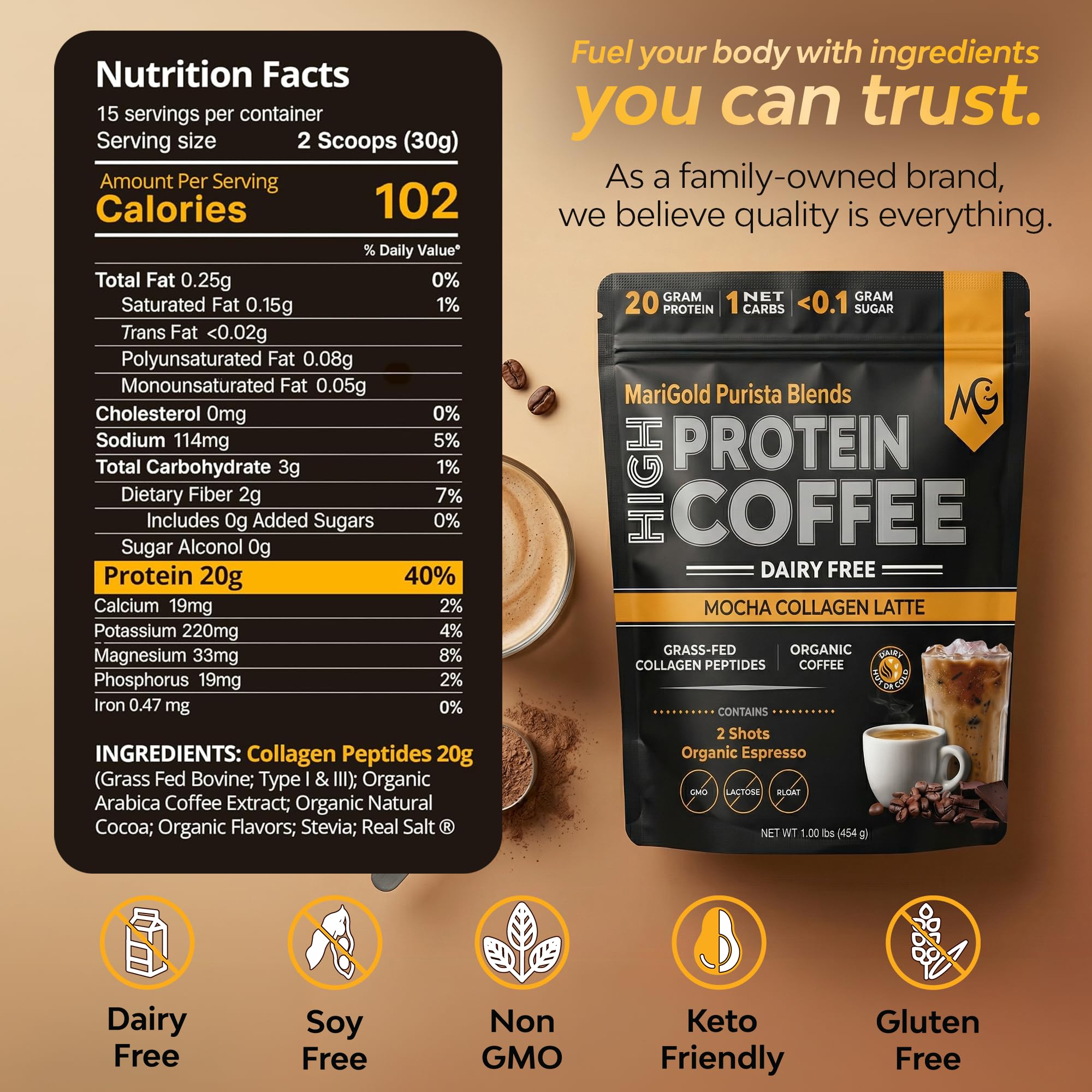 MariGold Collagen Coffee Protein Drink scoop with powder
