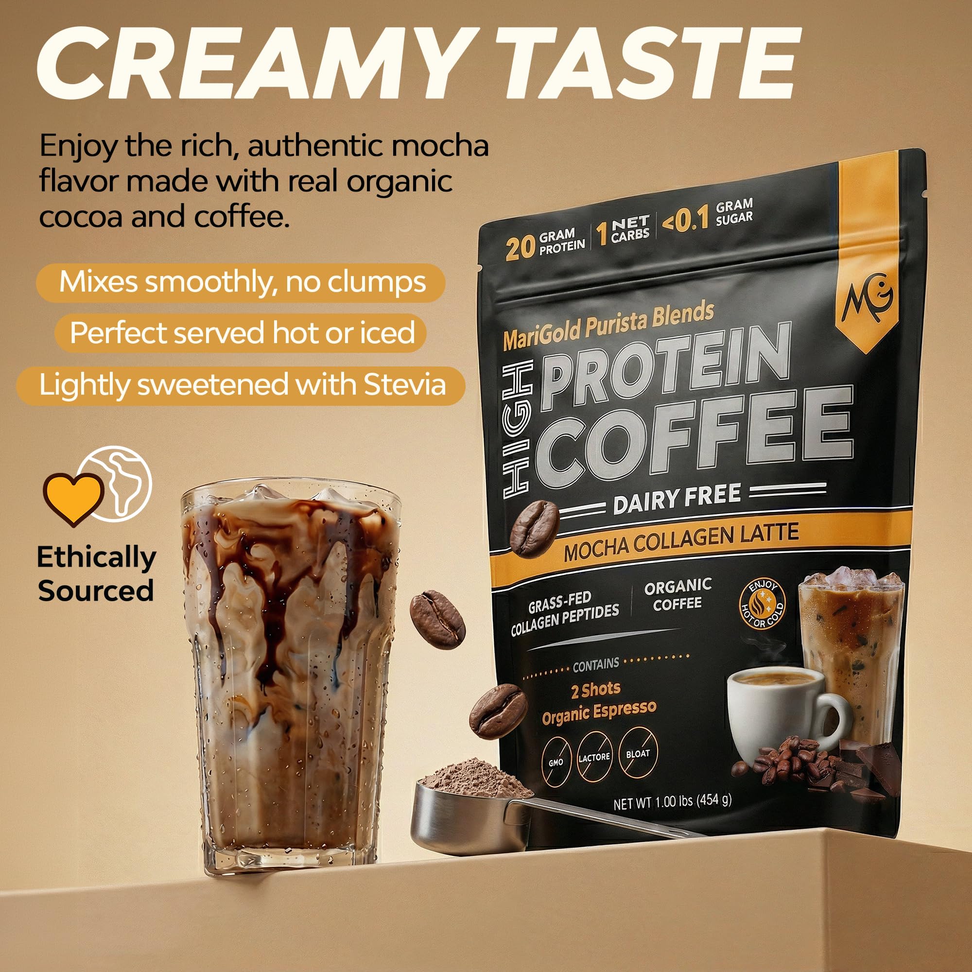 MariGold Collagen Coffee Protein Drink with coffee beans