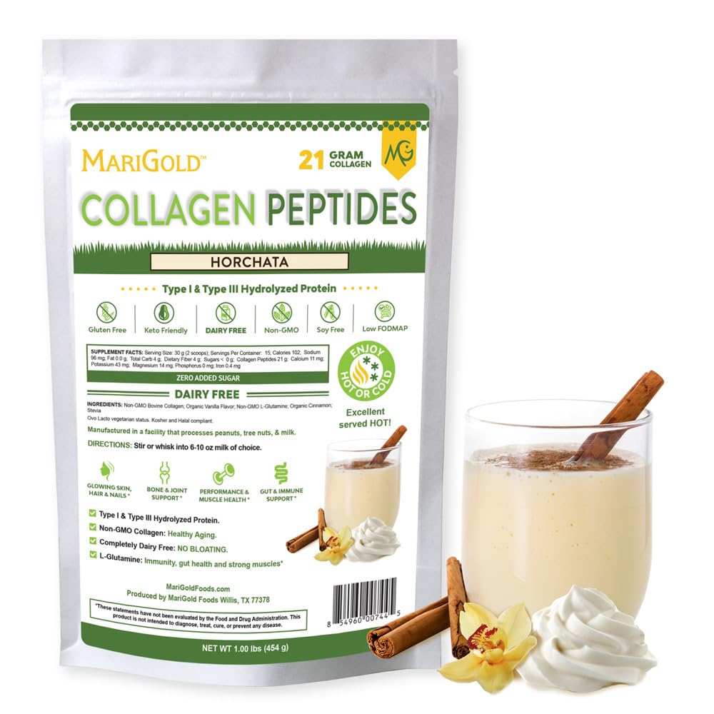 MariGold Collagen Peptides 454g front view with Horchata flavour
