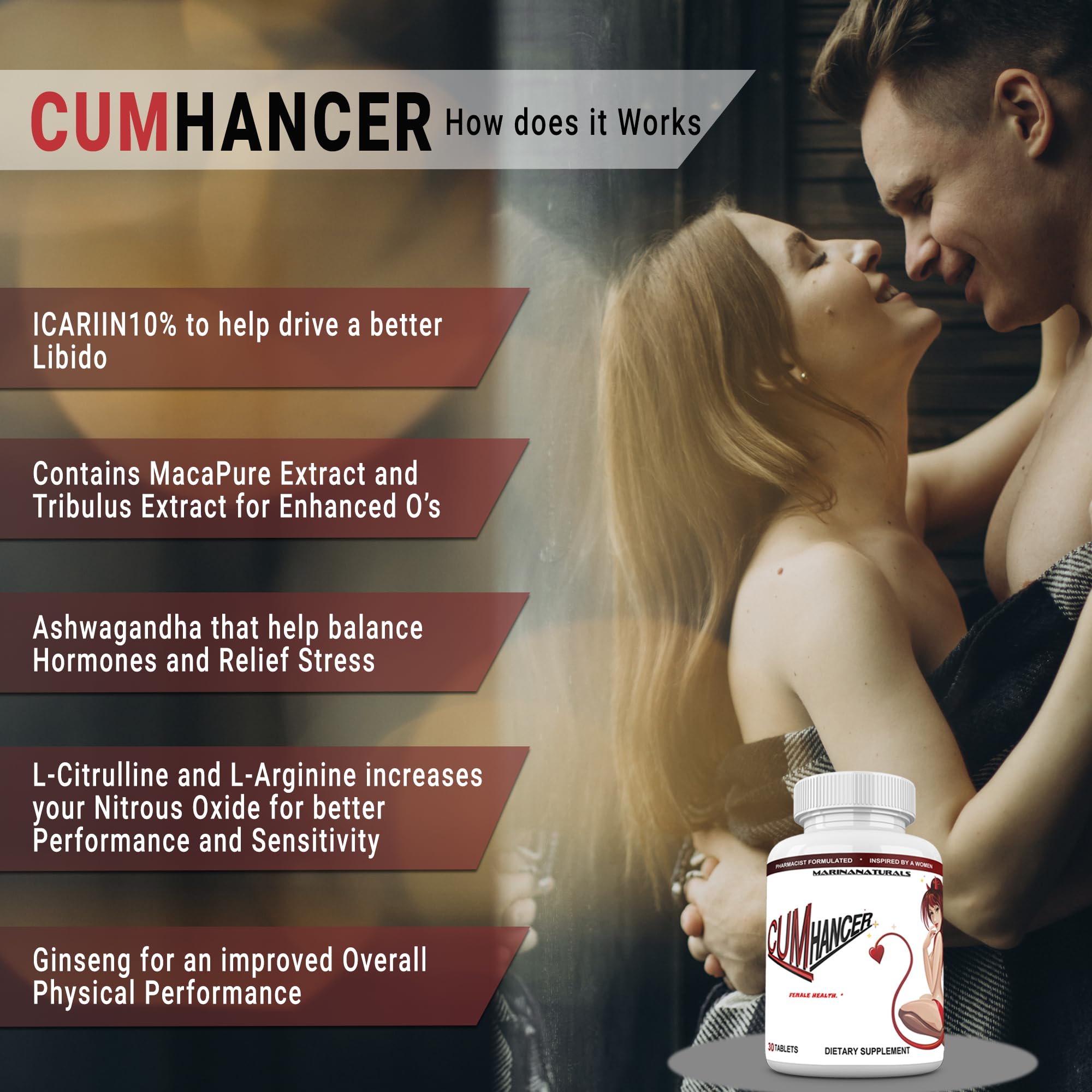 MARINANATURALS CUMHANCER supplement back view with dosage information