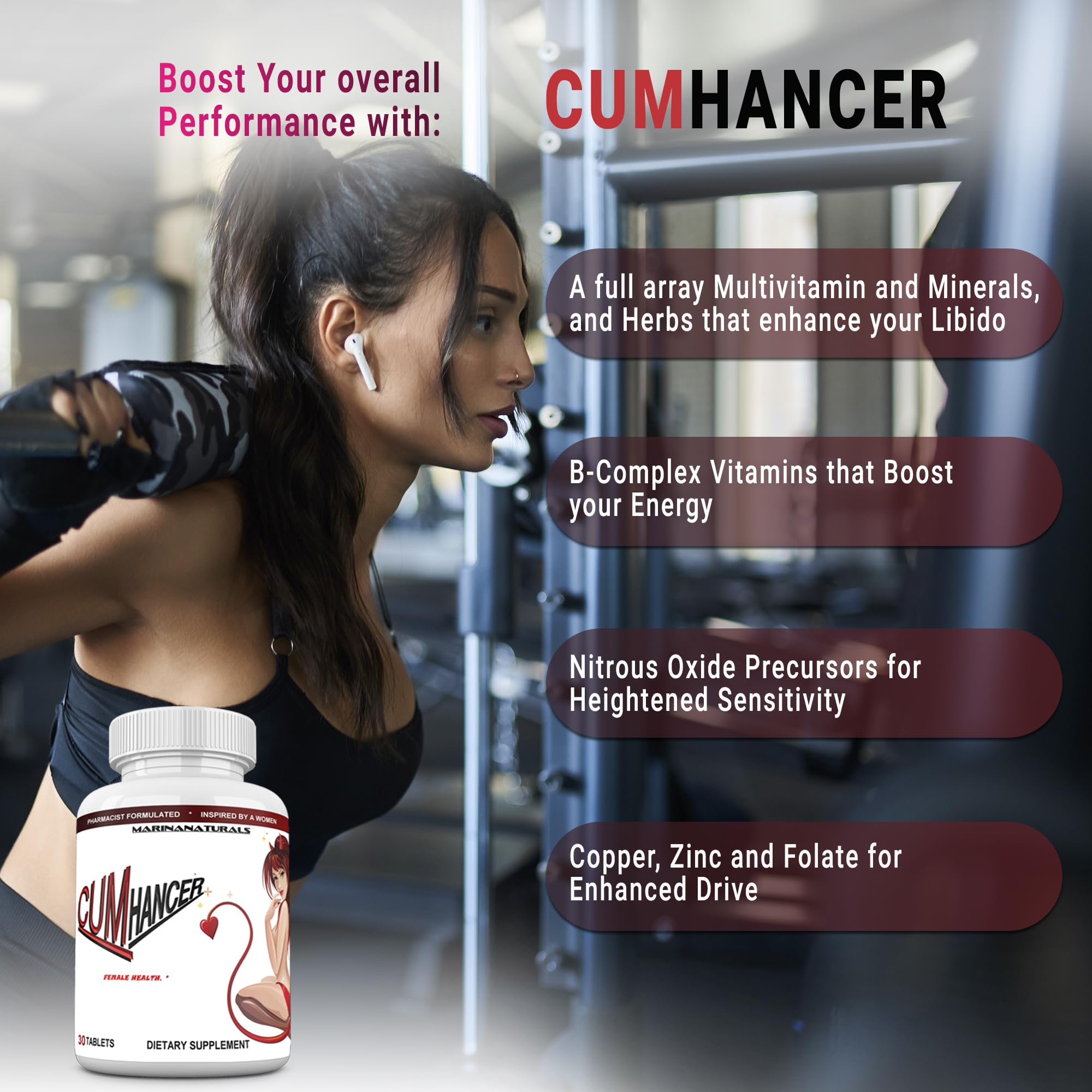 MARINANATURALS CUMHANCER supplement side view with ingredients list