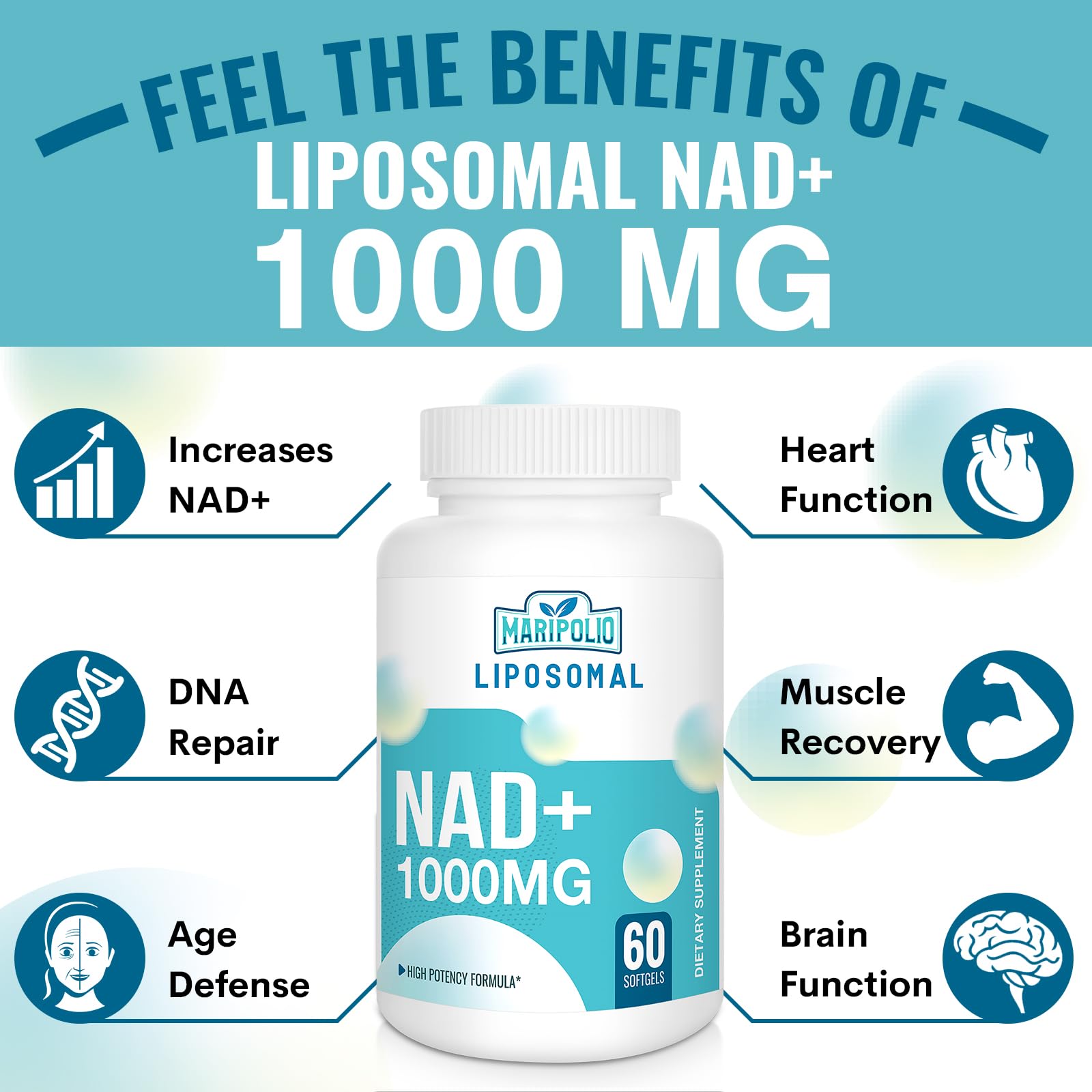 Maripolio Liposomal NAD+ 1000 mg softgel bottle side view