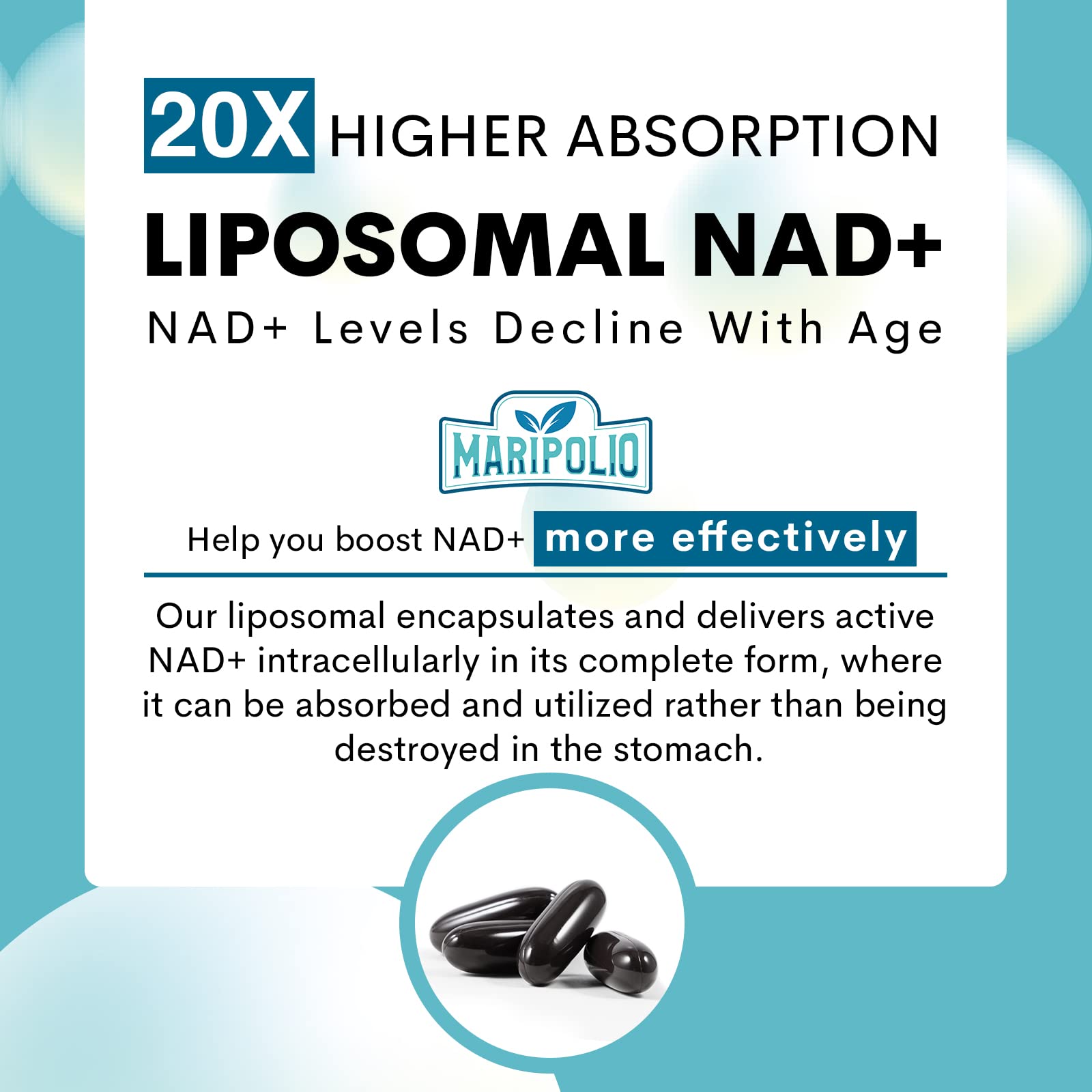 Maripolio Liposomal NAD+ softgel bottle with dosage information
