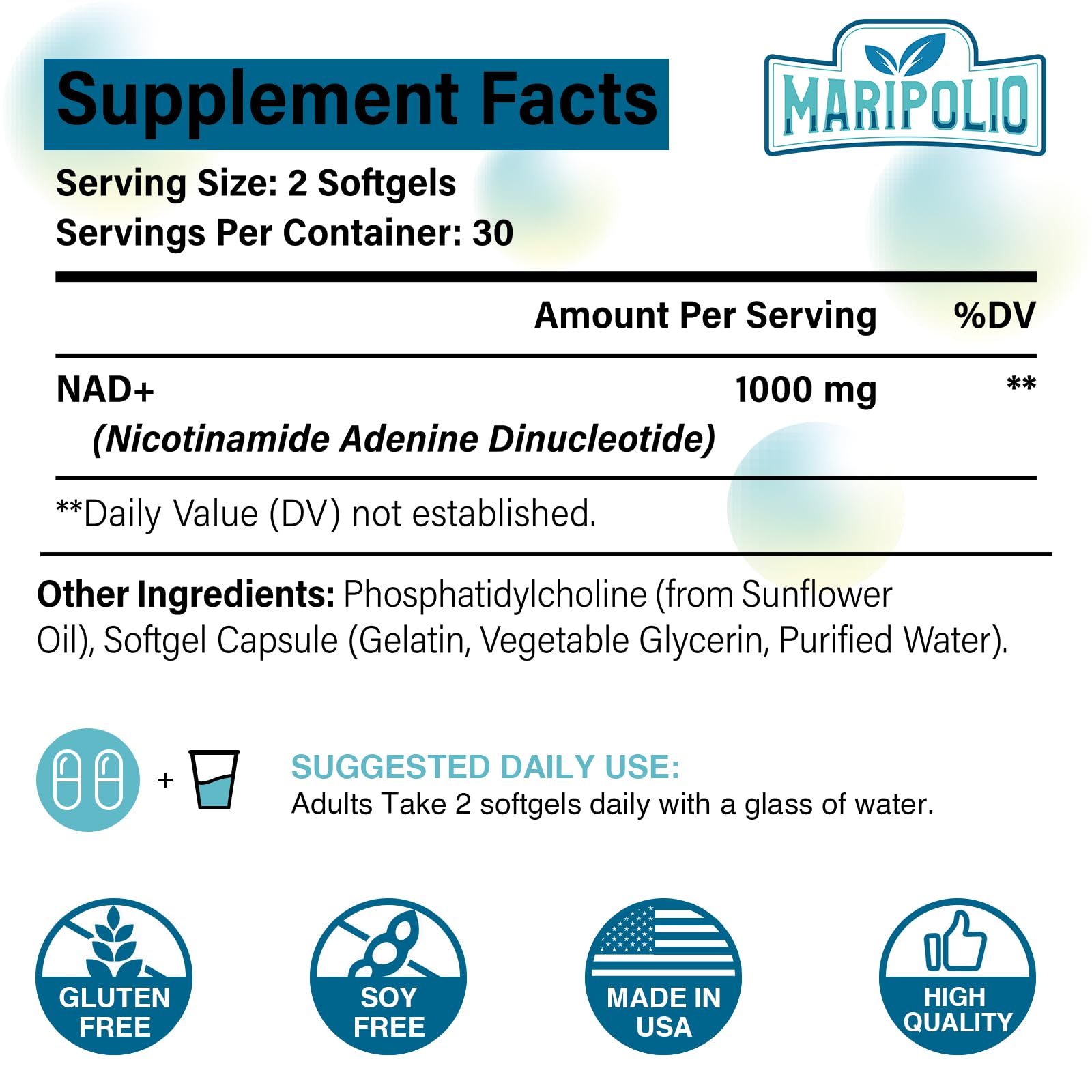 Maripolio Liposomal NAD+ softgels close-up showing softgel texture