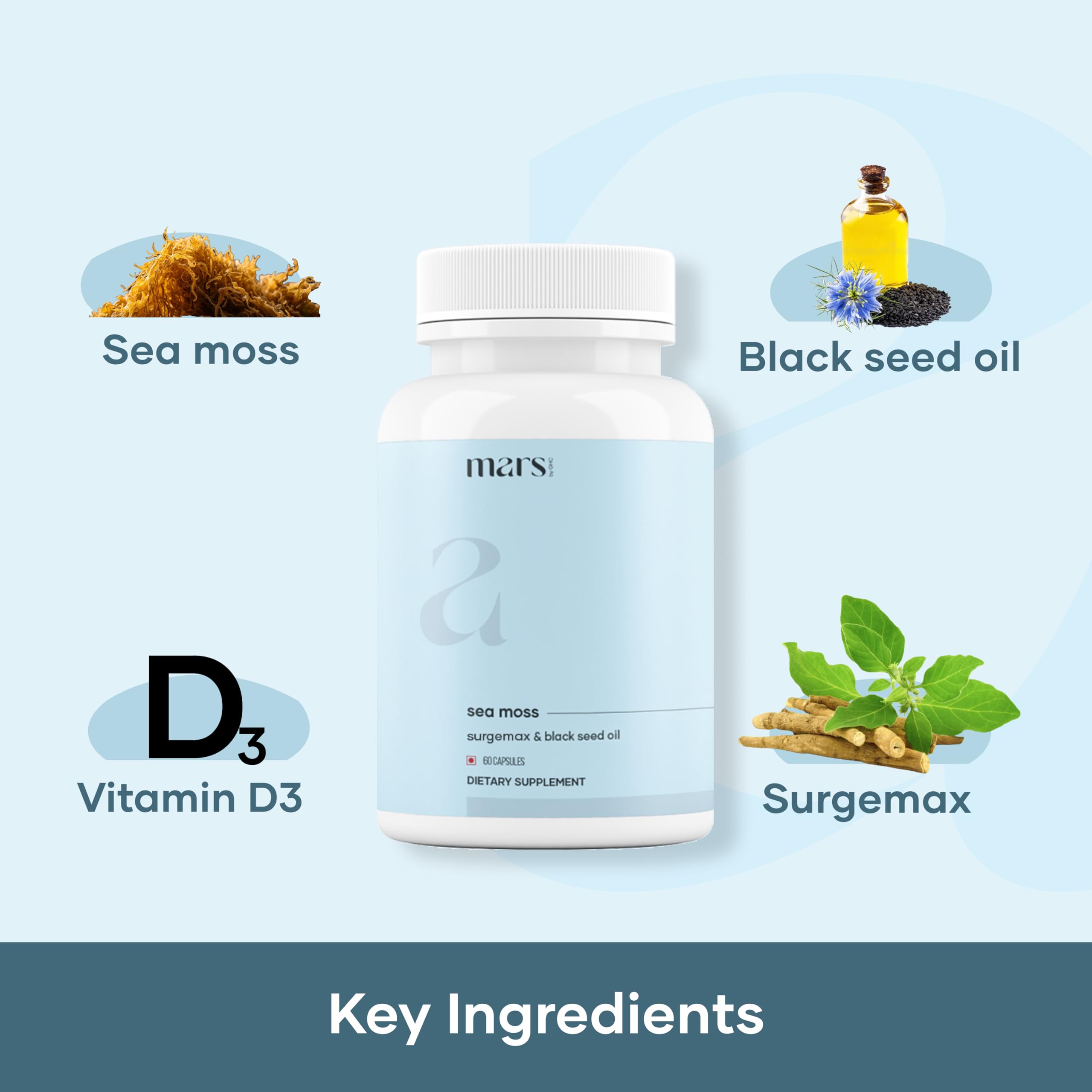 mars by GHC Sea Moss Black Seed Oil Vitamin D3 Supplement capsule close-up