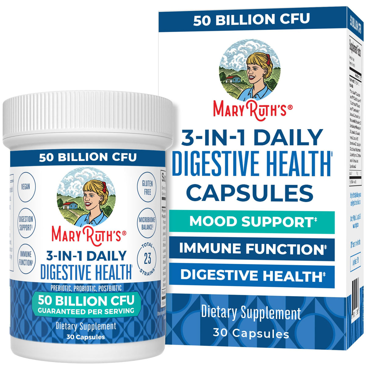 MARYRUTH'S 3-in-1 Probiotics capsule bottle front view