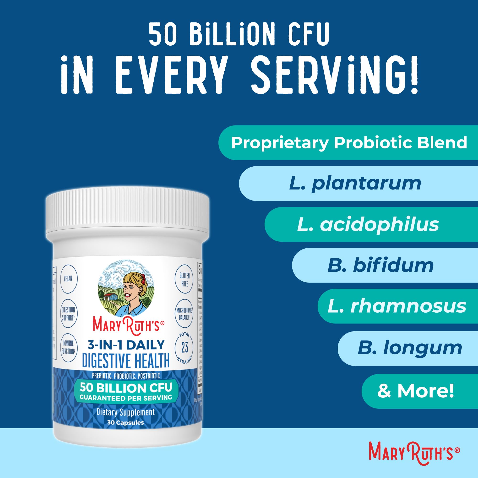 MARYRUTH'S 3-in-1 Probiotics capsule bottle with a glass of water
