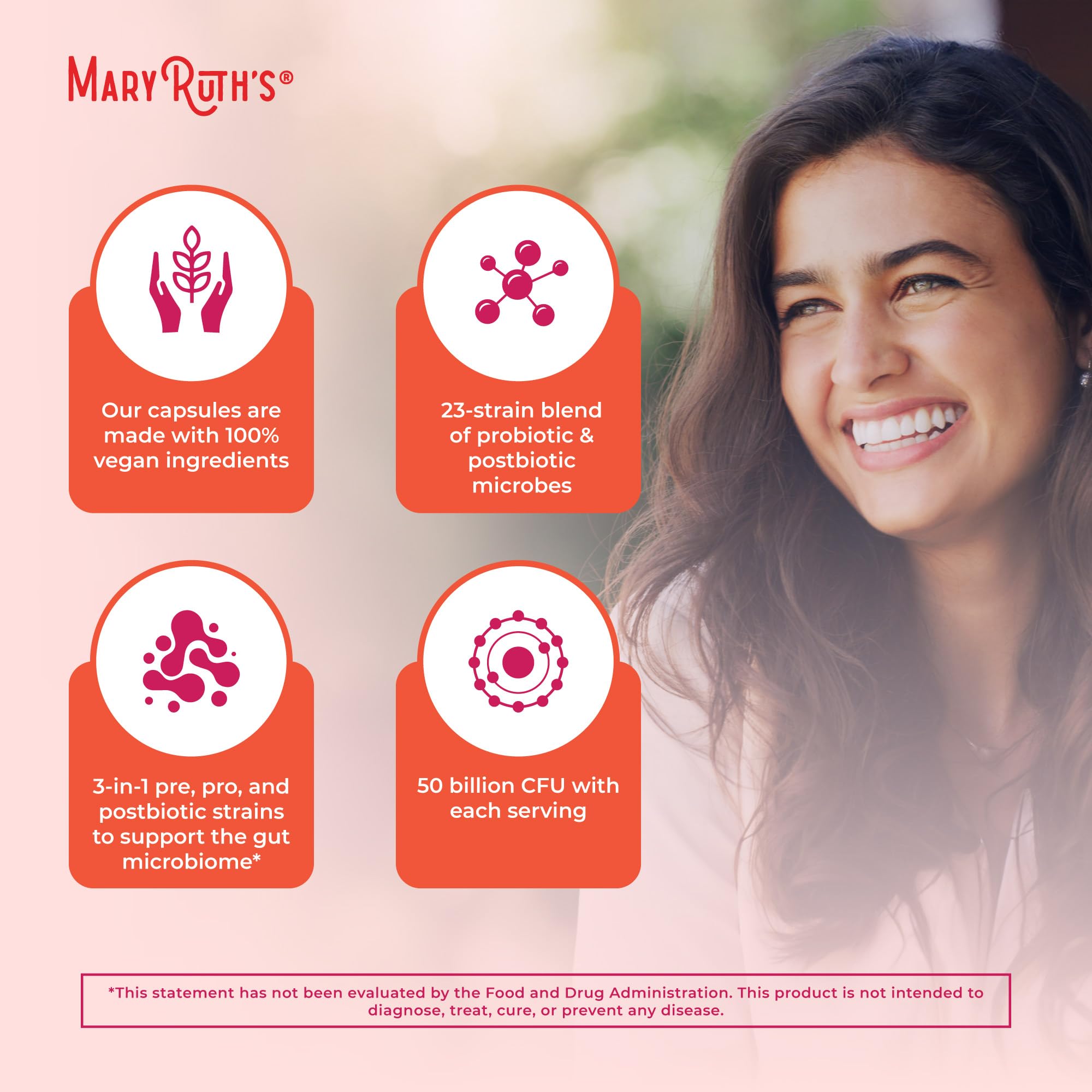 MARYRUTH'S 3-in-1 Women's Daily Health Capsules on a wooden table