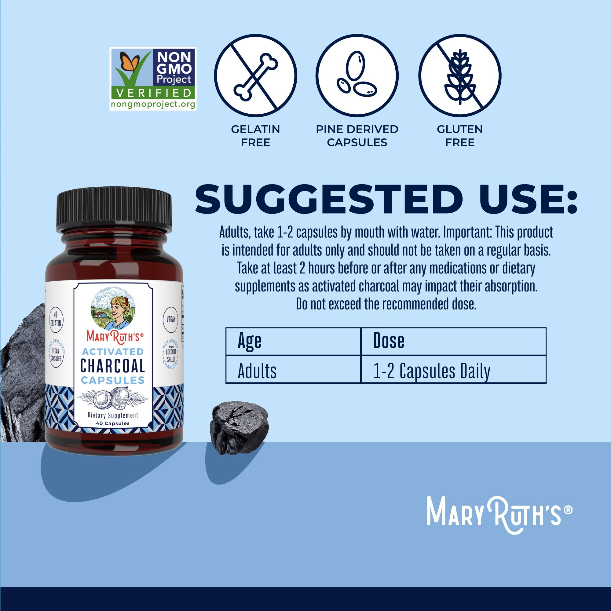 MARYRUTH'S Activated Charcoal Capsules displayed with ingredients