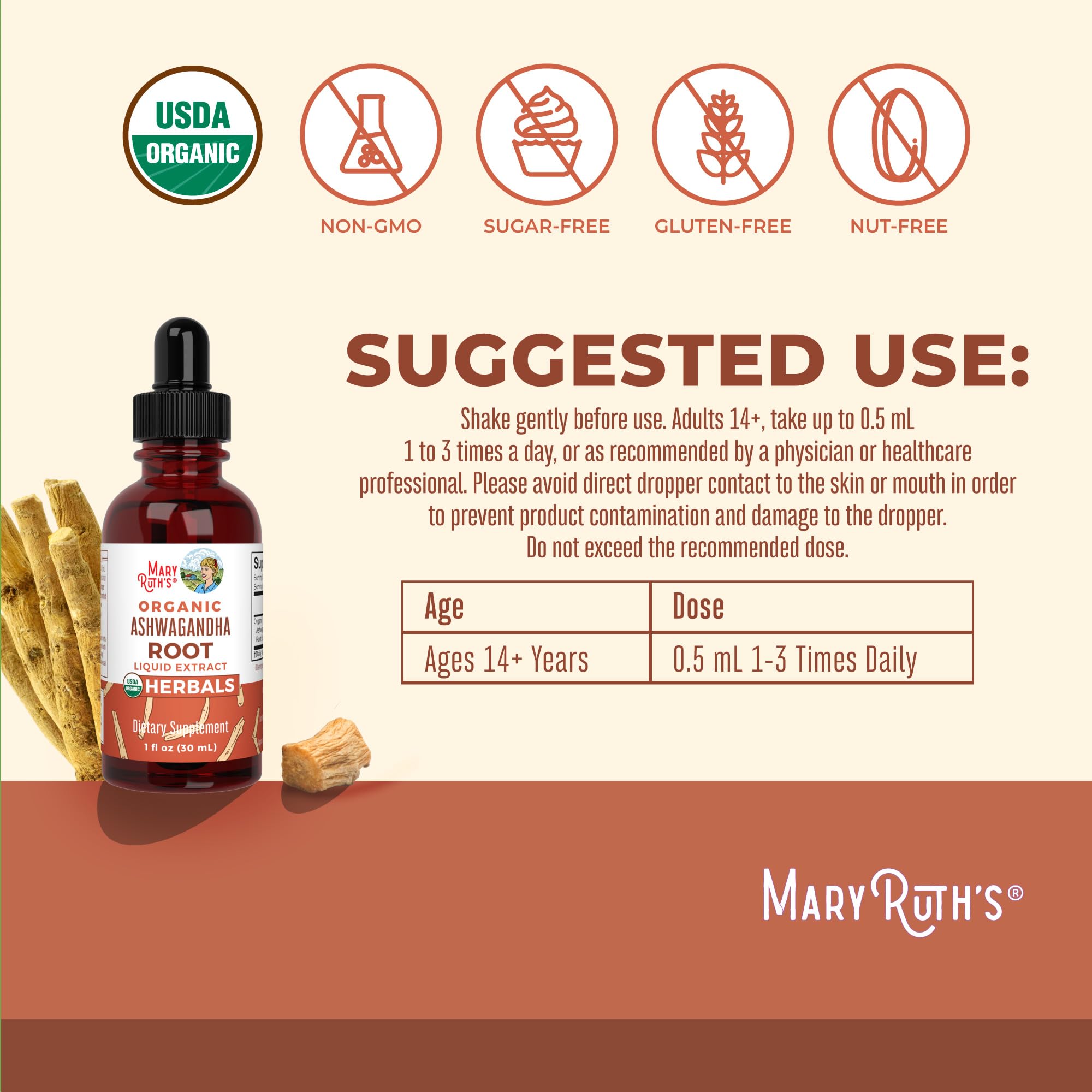 MARYRUTH'S Ashwagandha Root Liquid Drops 28g with dropper
