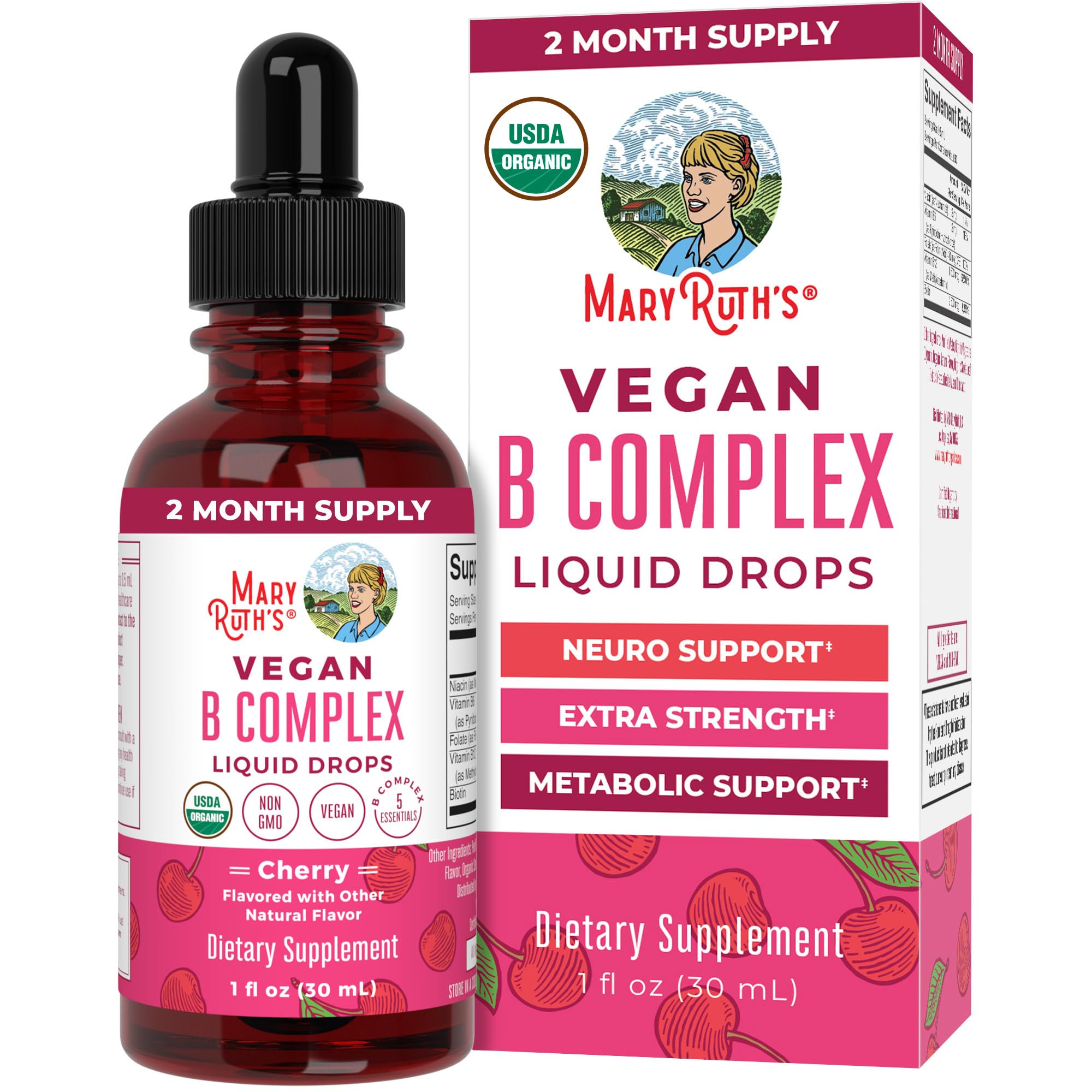 MARYRUTH'S B Complex Liquid Drops 90g front view with cherry flavour label