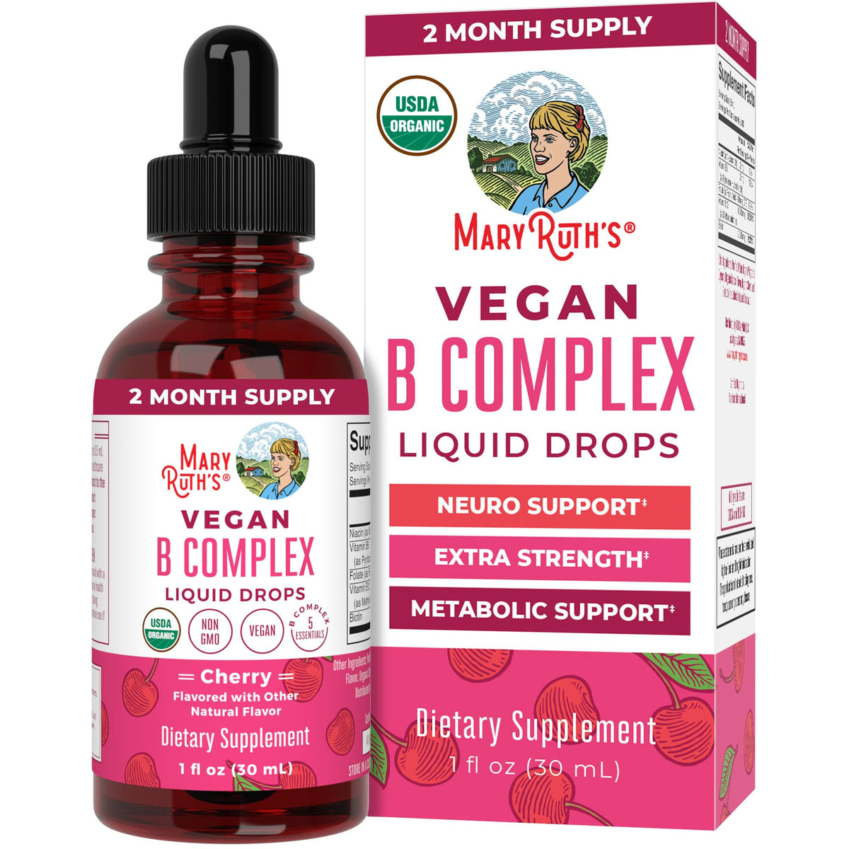 MARYRUTH'S B Complex Liquid Drops 90g front view with cherry flavour label