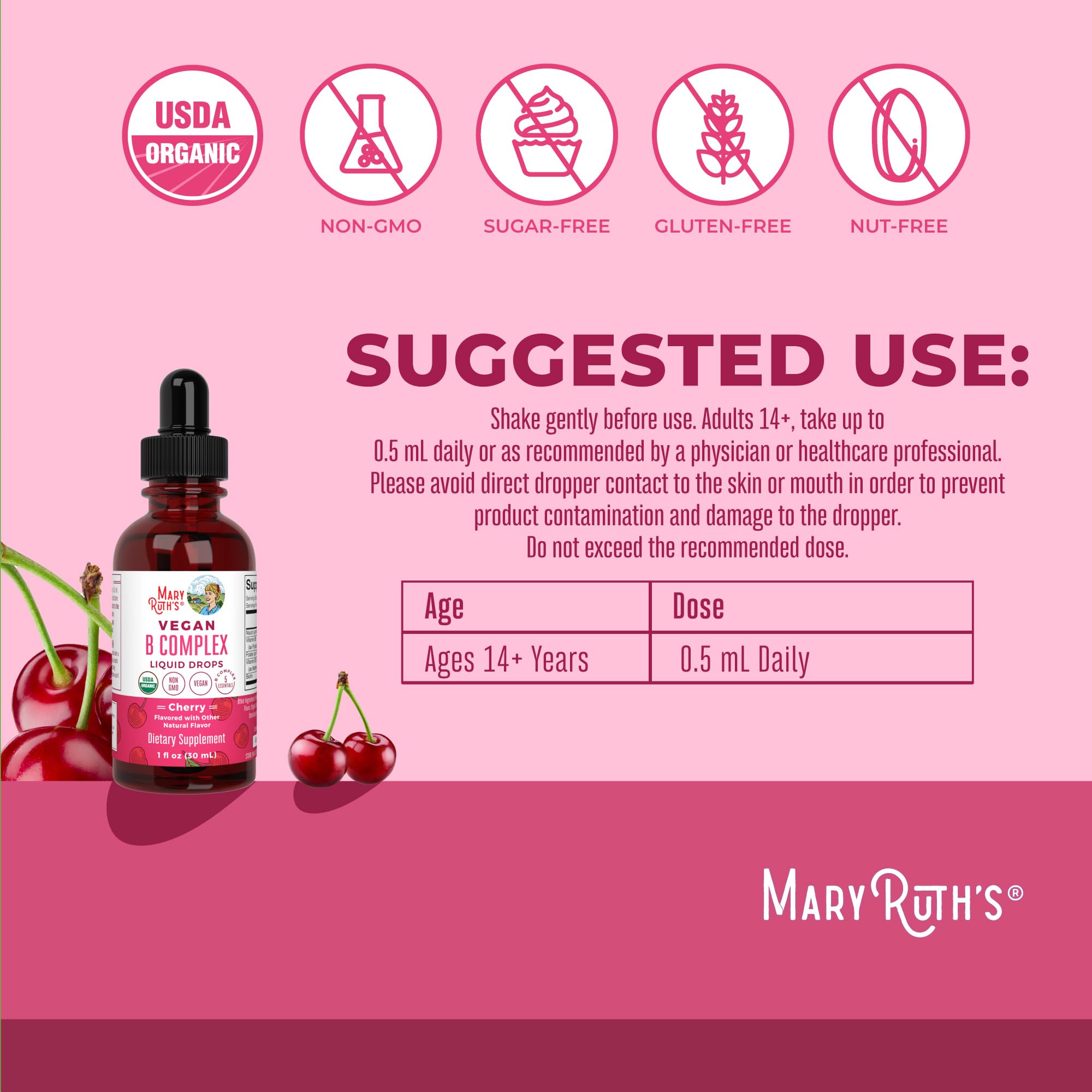 MARYRUTH'S B Complex Liquid Drops 90g side view with dosage instructions