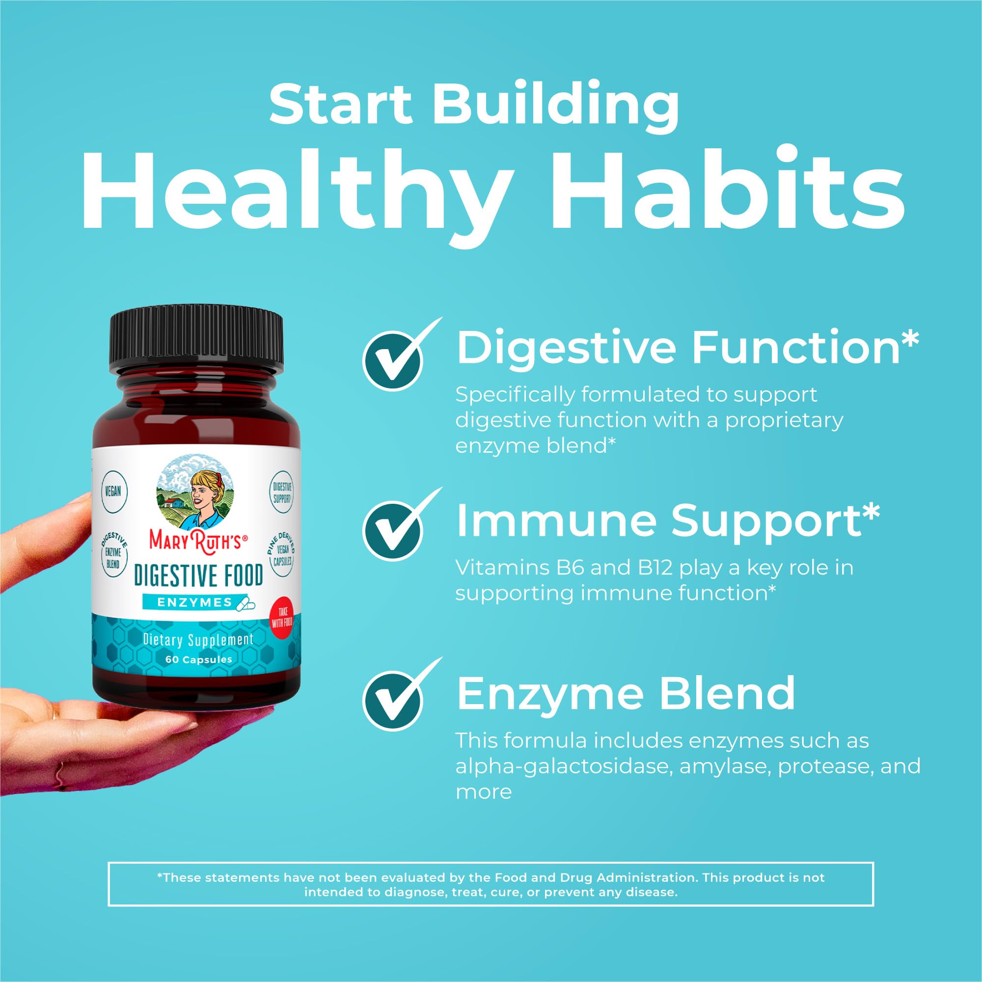 MARYRUTH'S daily Food Enzymes capsules in hand