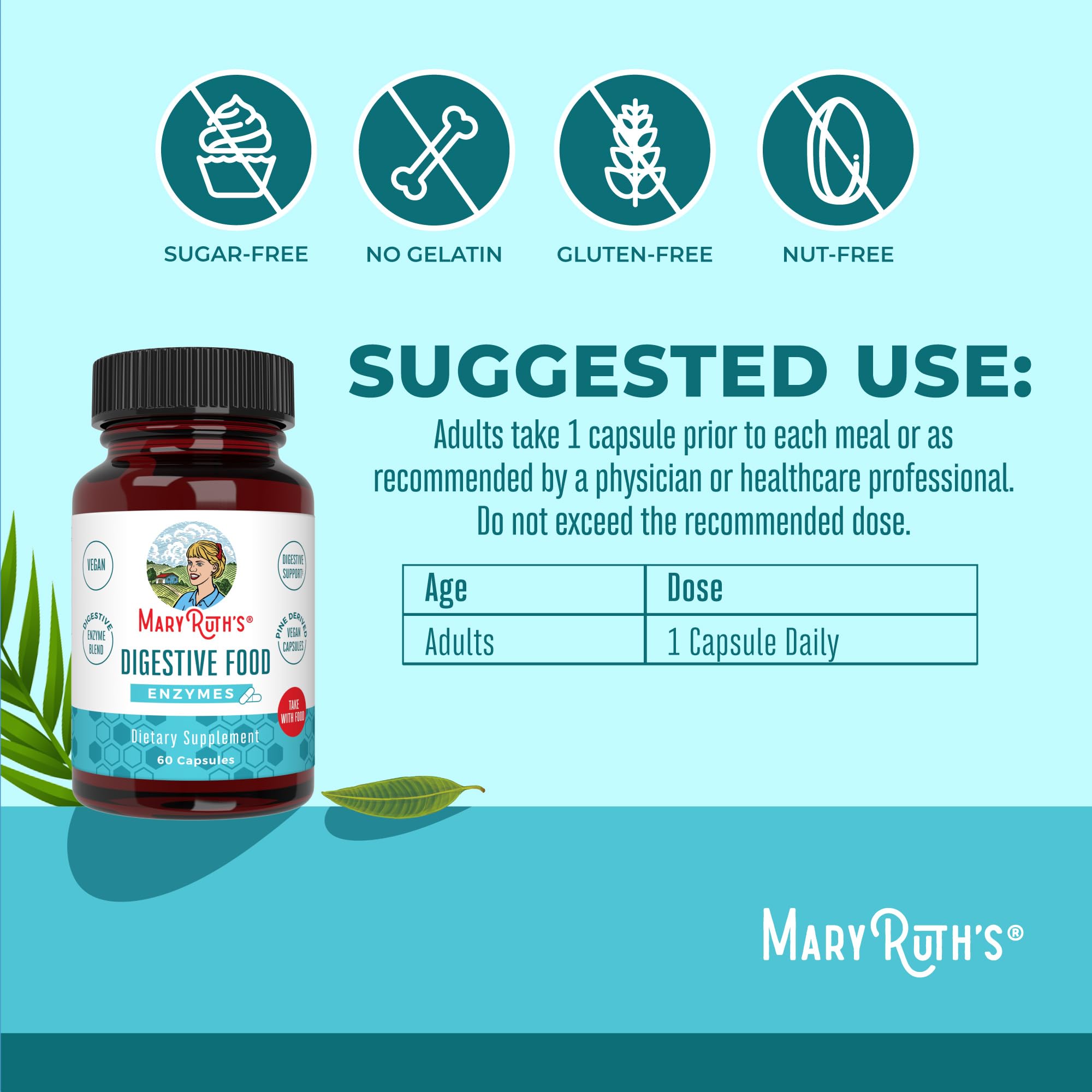 MARYRUTH'S daily Food Enzymes capsules on wooden surface
