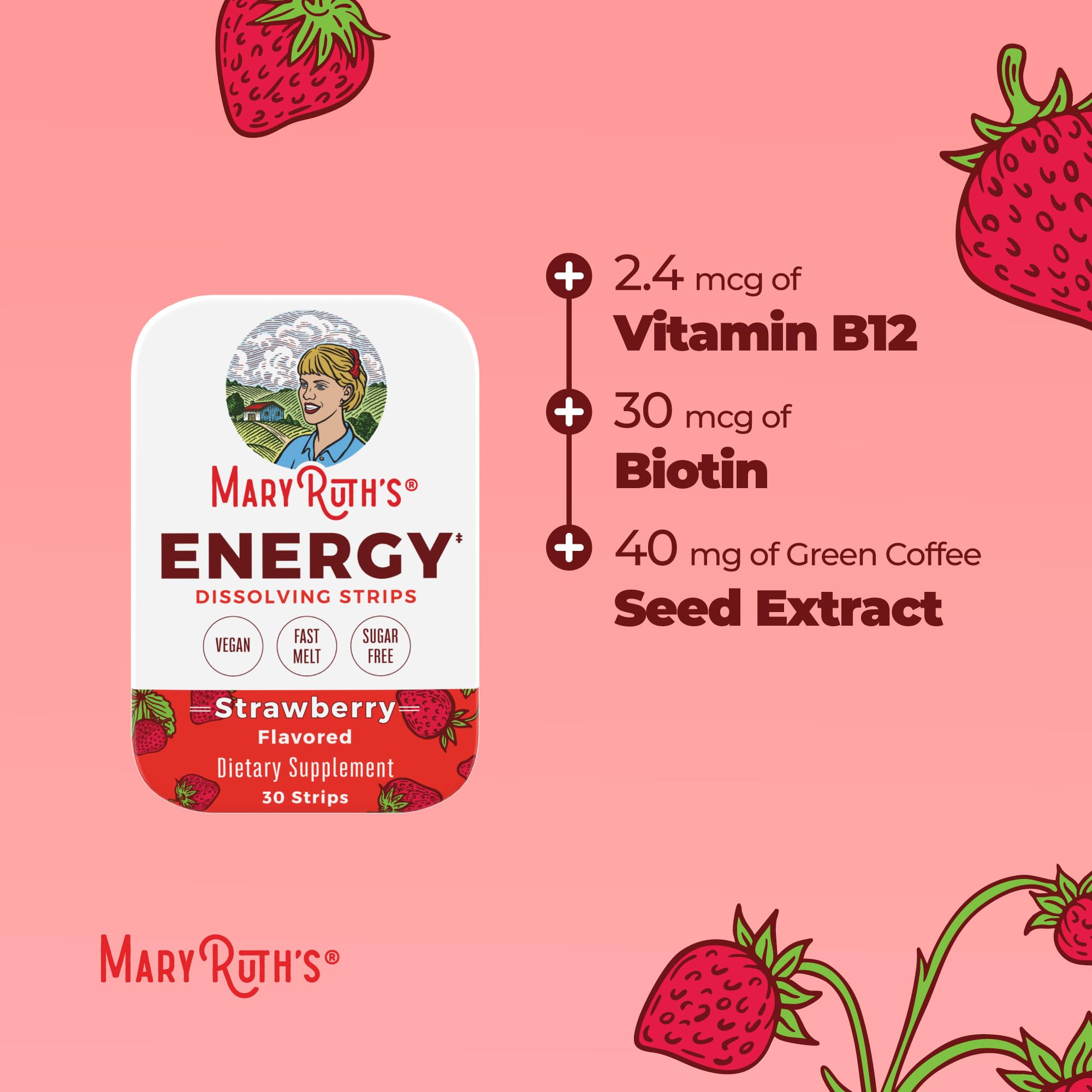 MARYRUTH'S Energy Dissolving Strips B-Complex with fresh strawberries