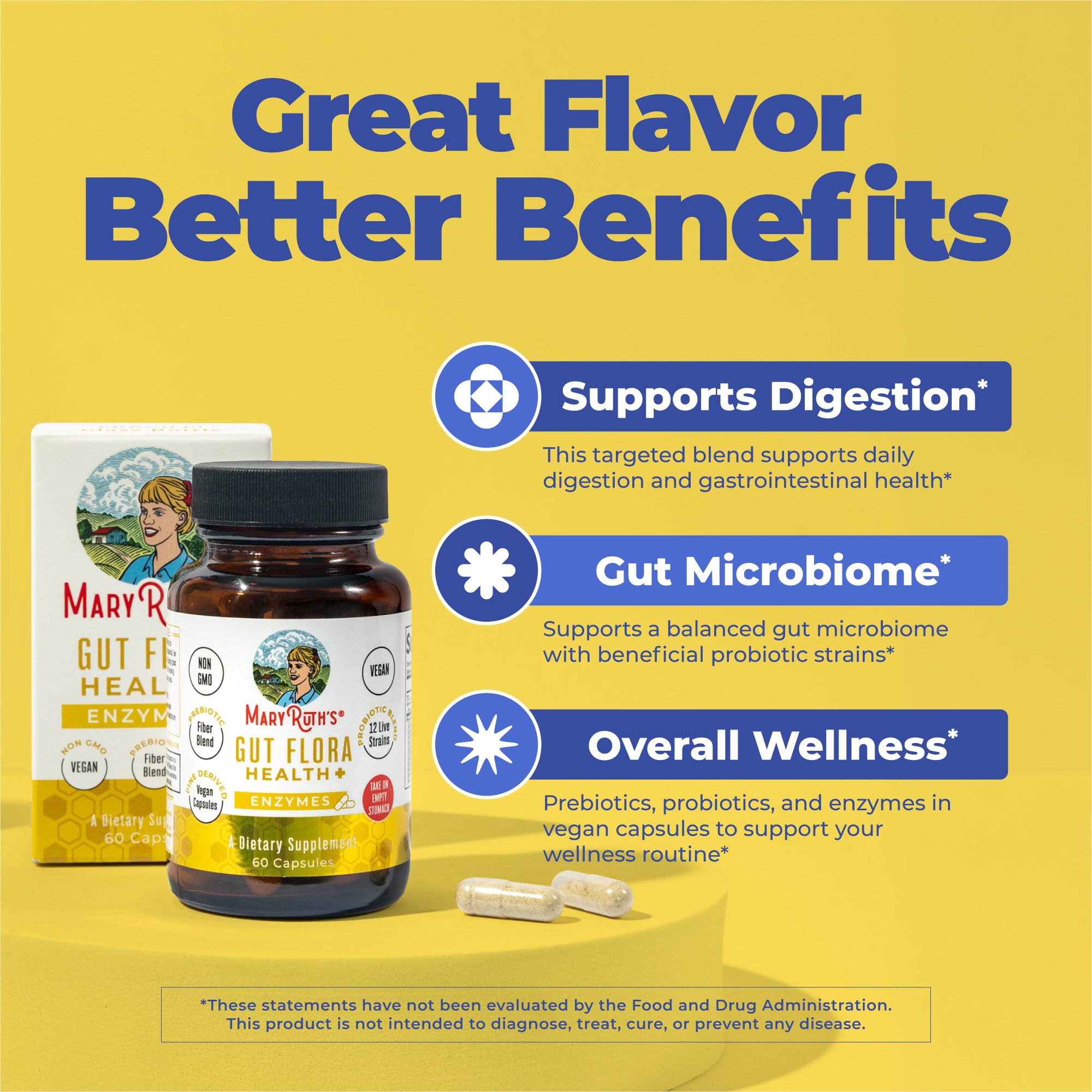 MARYRUTH'S Gut Flora Enzymes Multi-Enzyme Capsules on a wooden table