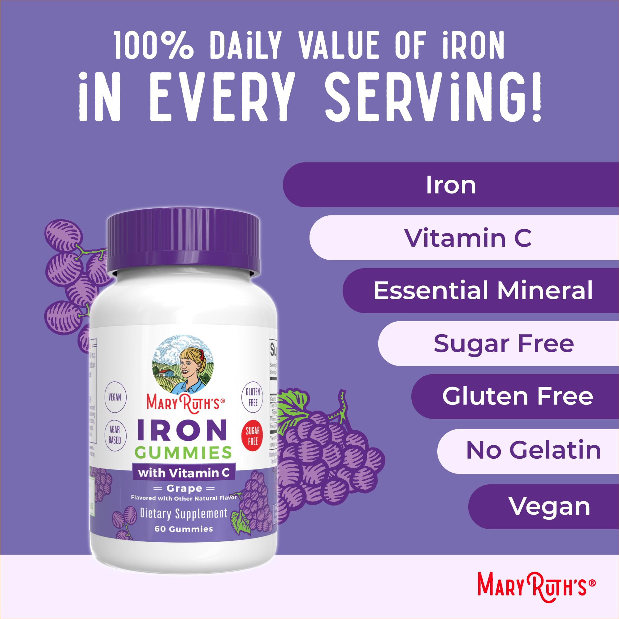 MARYRUTH'S Iron Gummies ingredients list on packaging