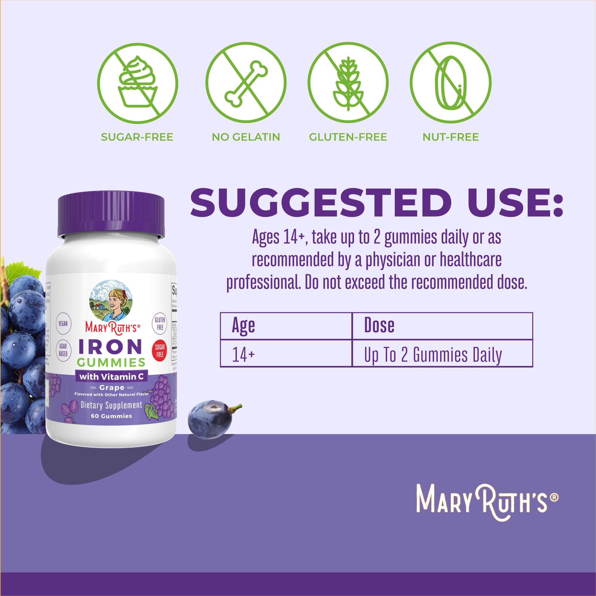 MARYRUTH'S Iron Gummies nutritional information on back