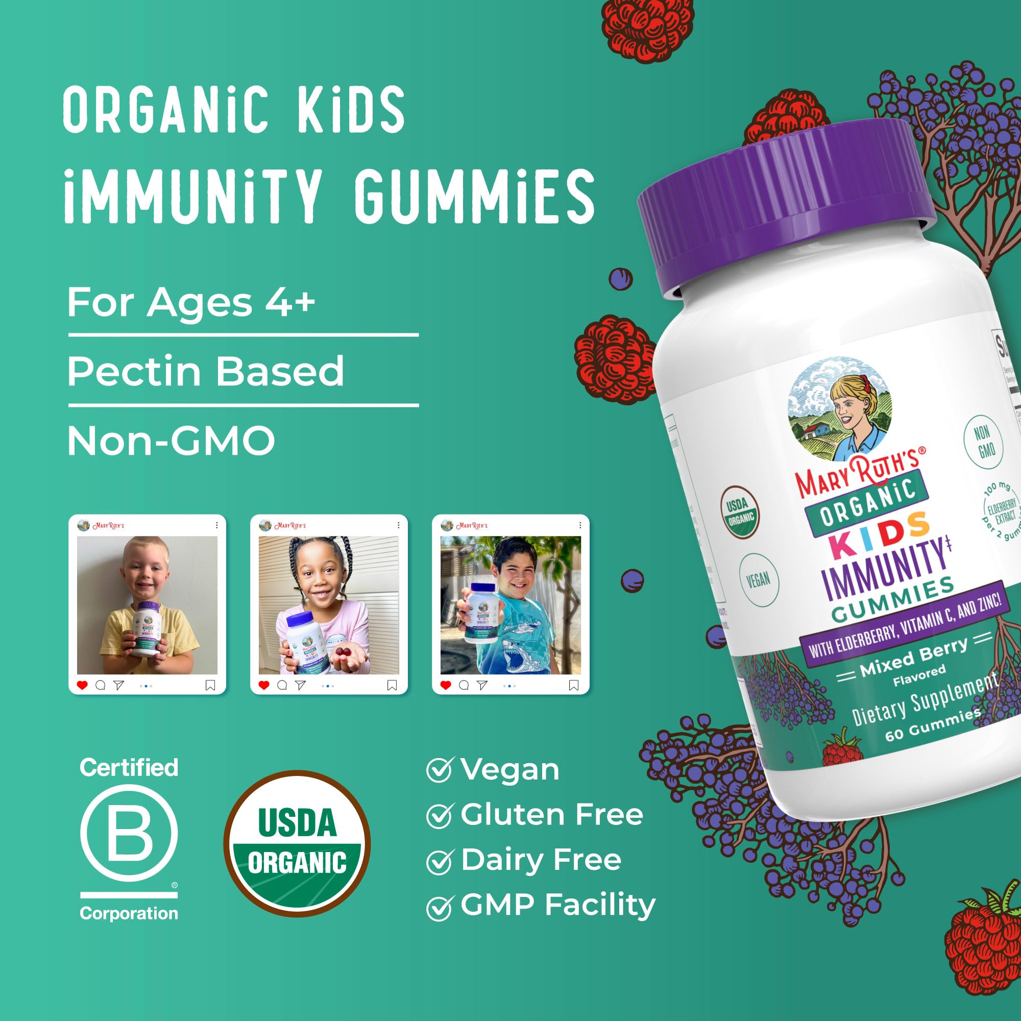 MARYRUTH'S Kids daily wellness Gummies with a child smiling