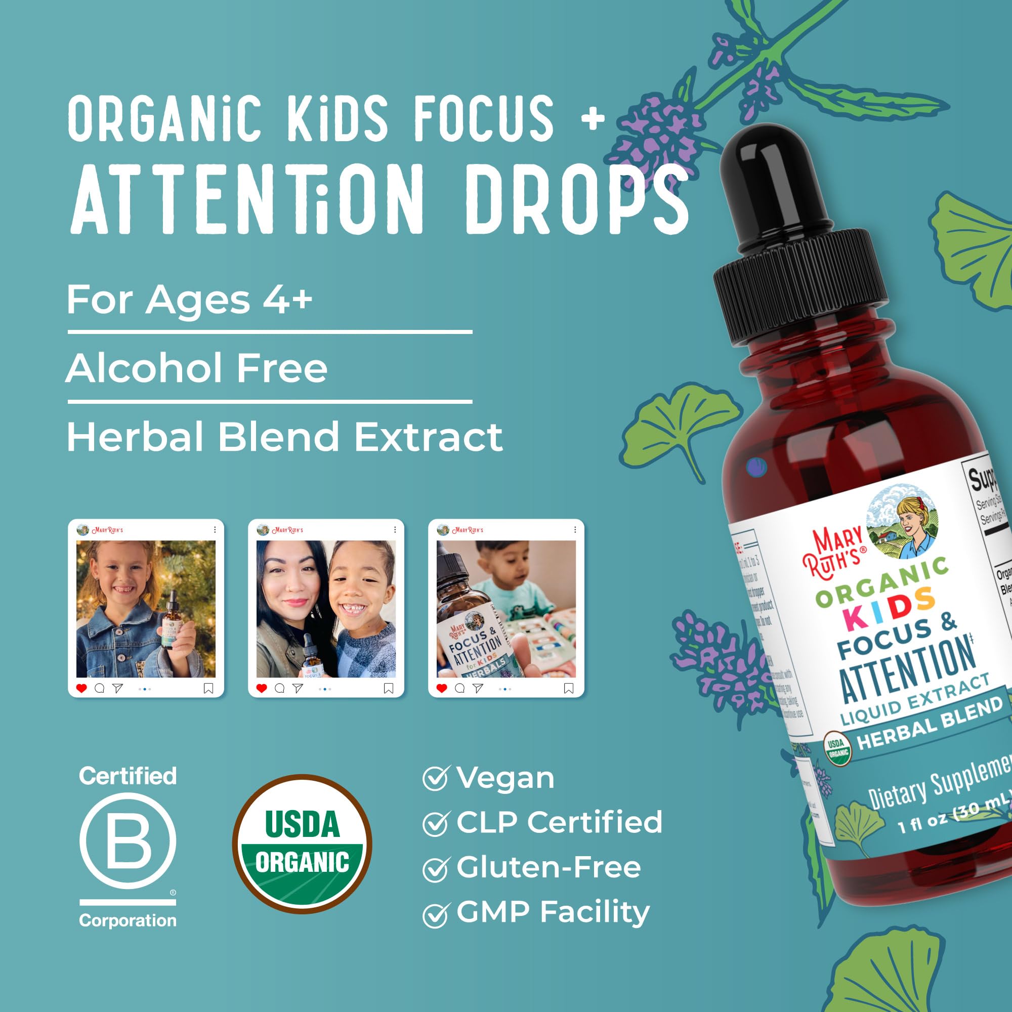 MARYRUTH'S Kids Focus Attention Liquid Drops bottle with herbs around