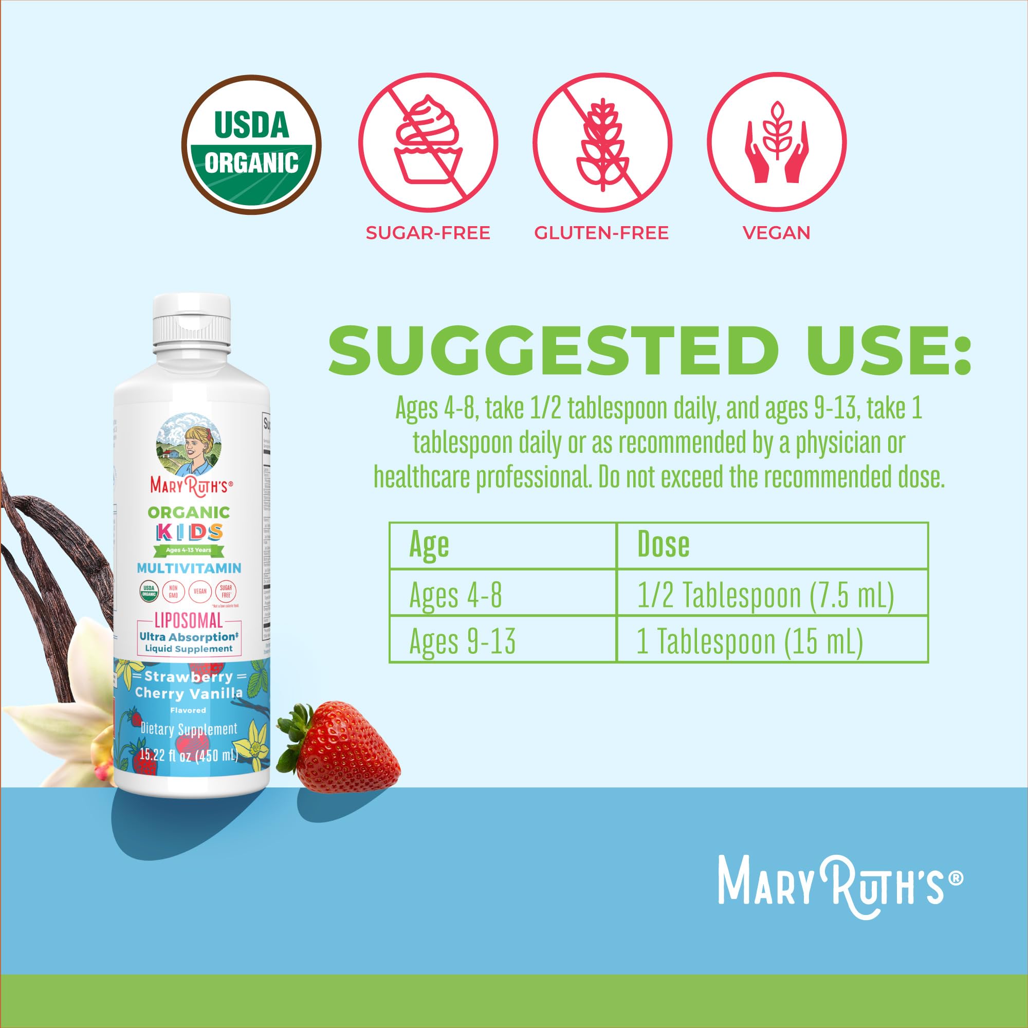 MARYRUTH'S Kids Multivitamin Liposomal back label showing ingredients