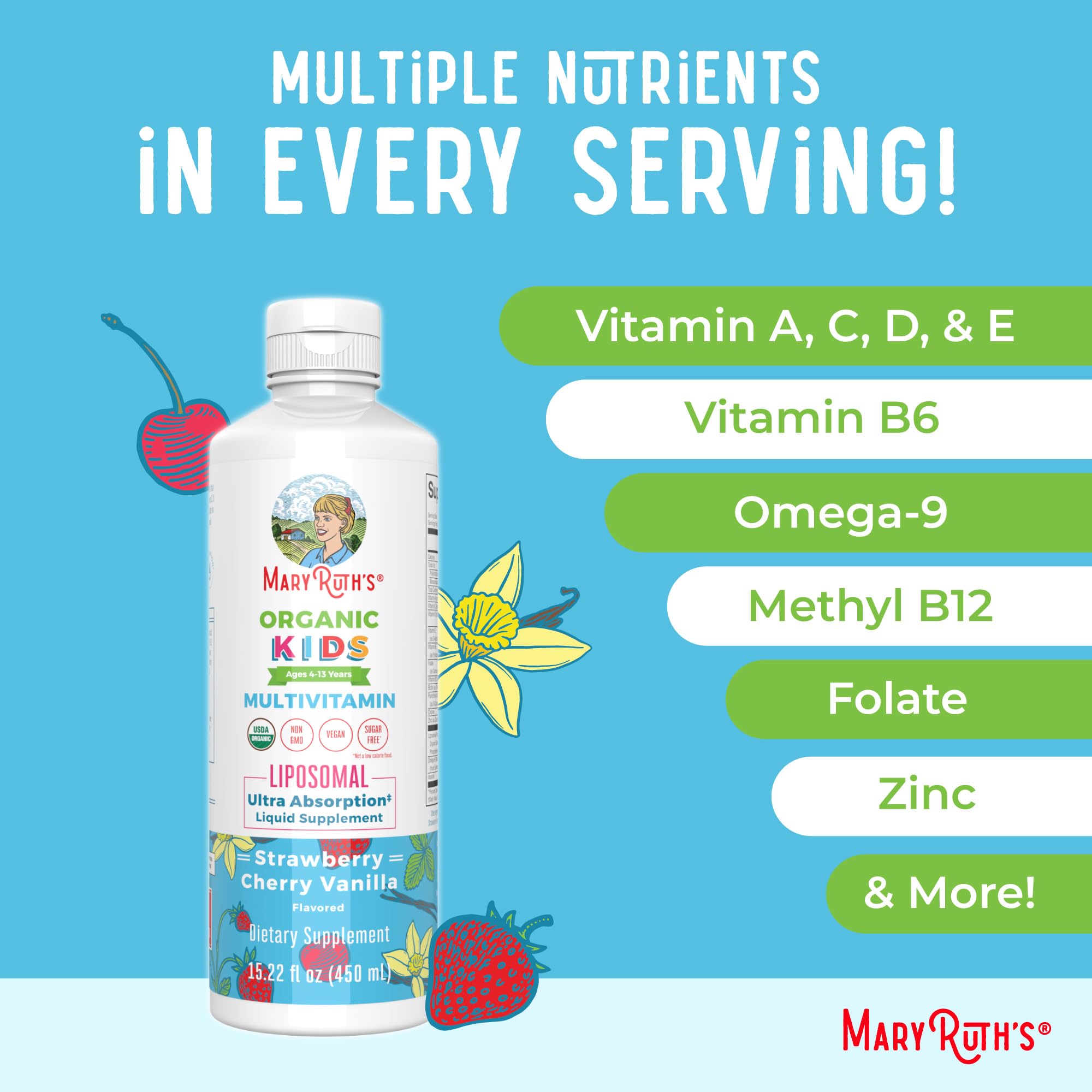 MARYRUTH'S Kids Multivitamin Liposomal packaging and serving suggestion