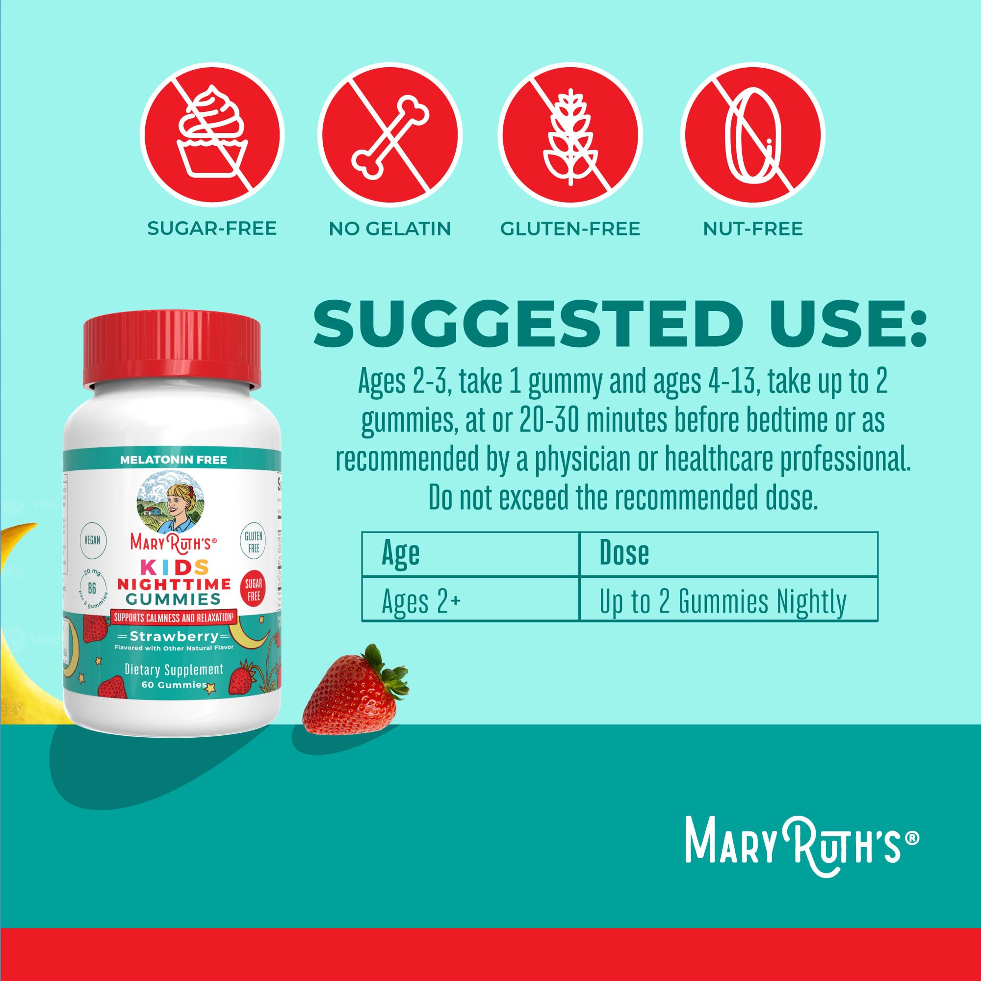 MARYRUTH'S Kids Nighttime Gummies side view with nutritional information