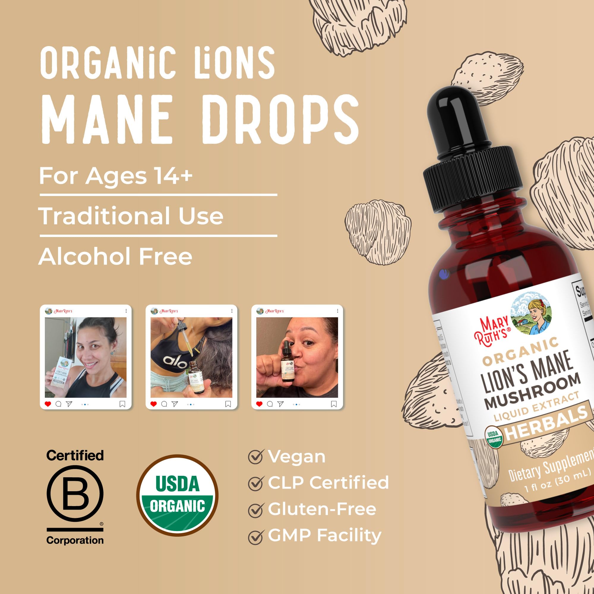 MARYRUTH'S Lion's Mane Mushroom Liquid Drops on wooden table
