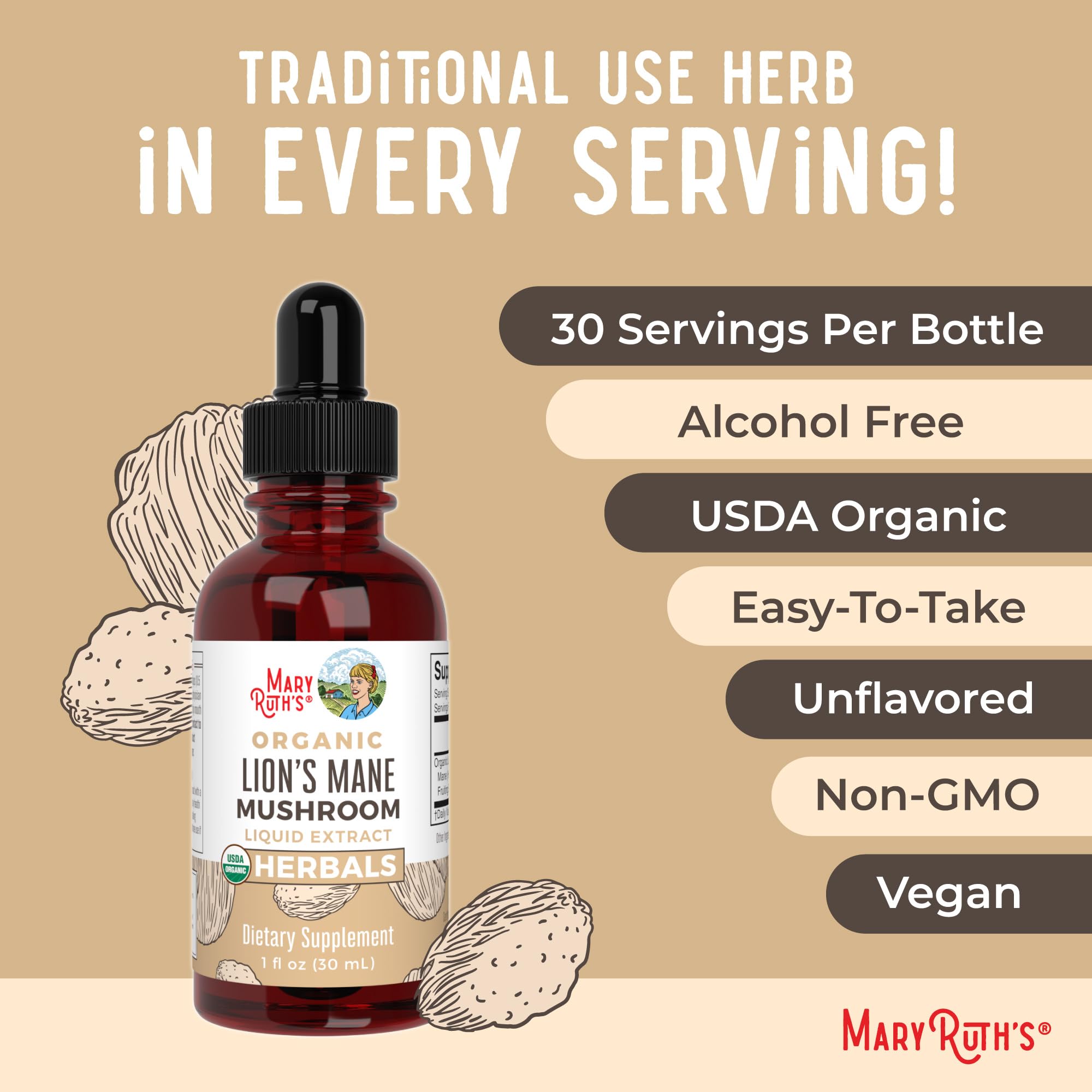 MARYRUTH'S Lion's Mane Mushroom Liquid Drops with measuring drops