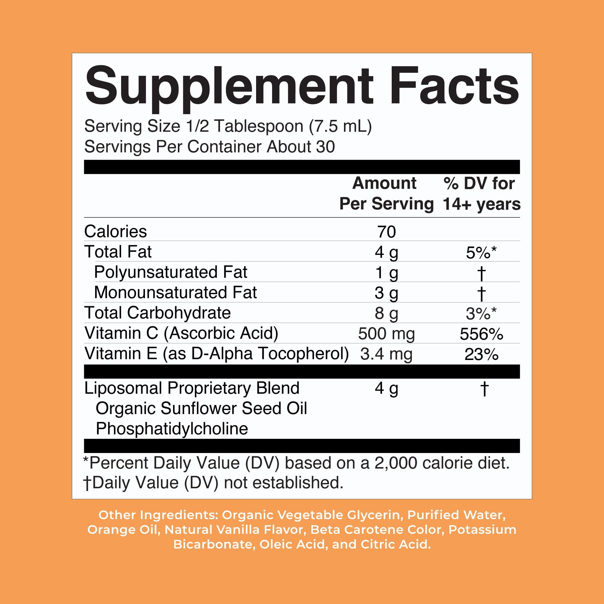 MARYRUTH'S Liposomal Vitamin C Liquid Supplement nutritional information