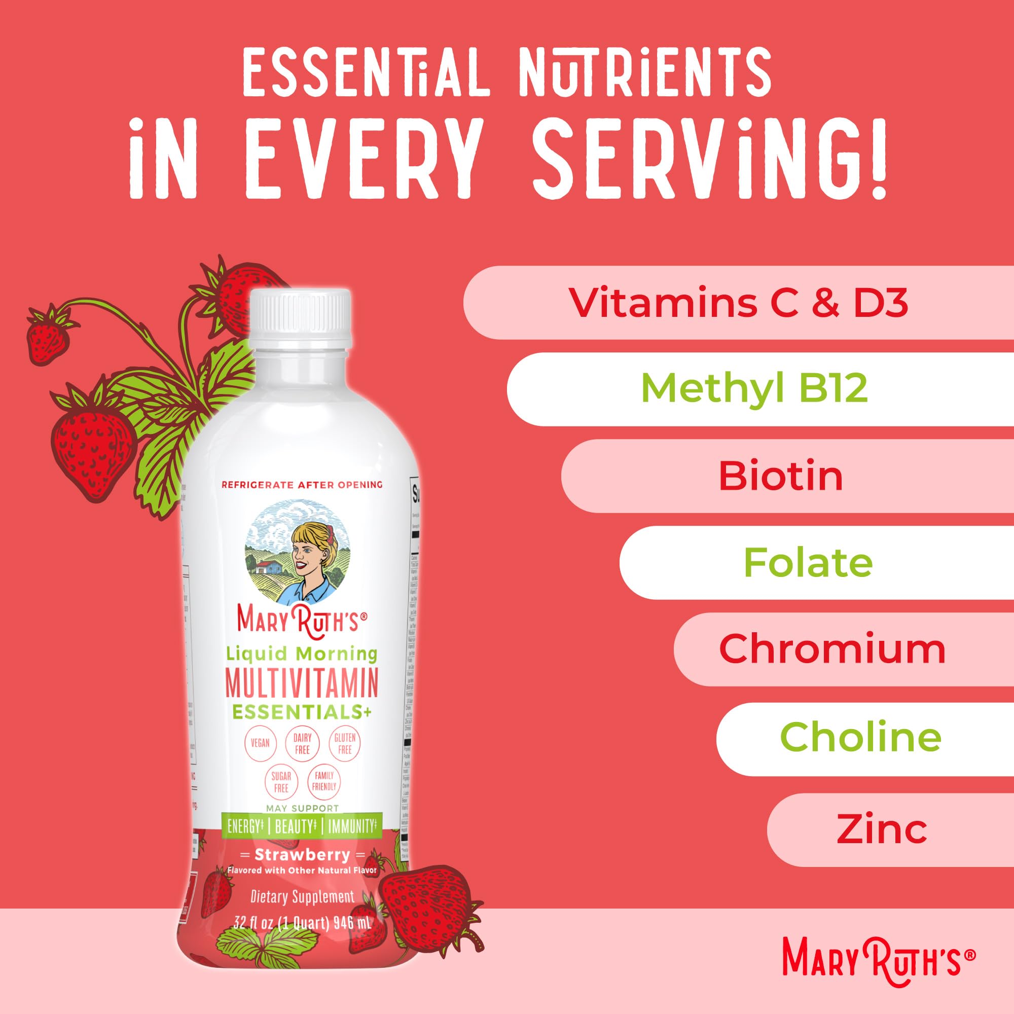 MARYRUTH'S Liquid Morning Multivitamin Essentials+ bottle with fruits
